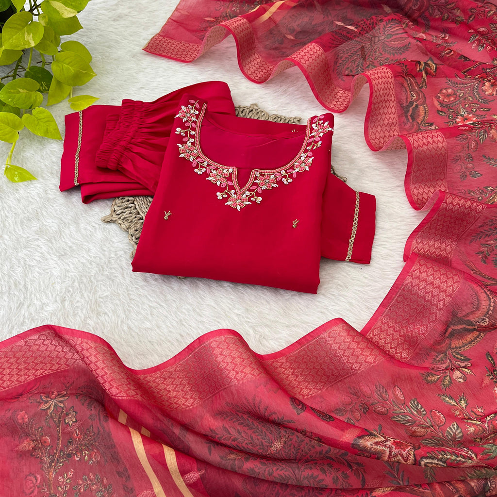 Appealing Red  Roman Silk Handworked Anarkali Pant Suit - Ethnicwish