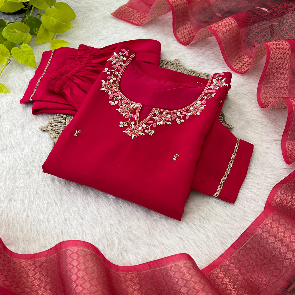 Appealing Red  Roman Silk Handworked Anarkali Pant Suit - Ethnicwish