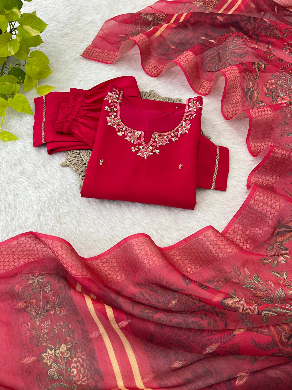 Appealing Red  Roman Silk Handworked Anarkali Pant Suit - Ethnicwish