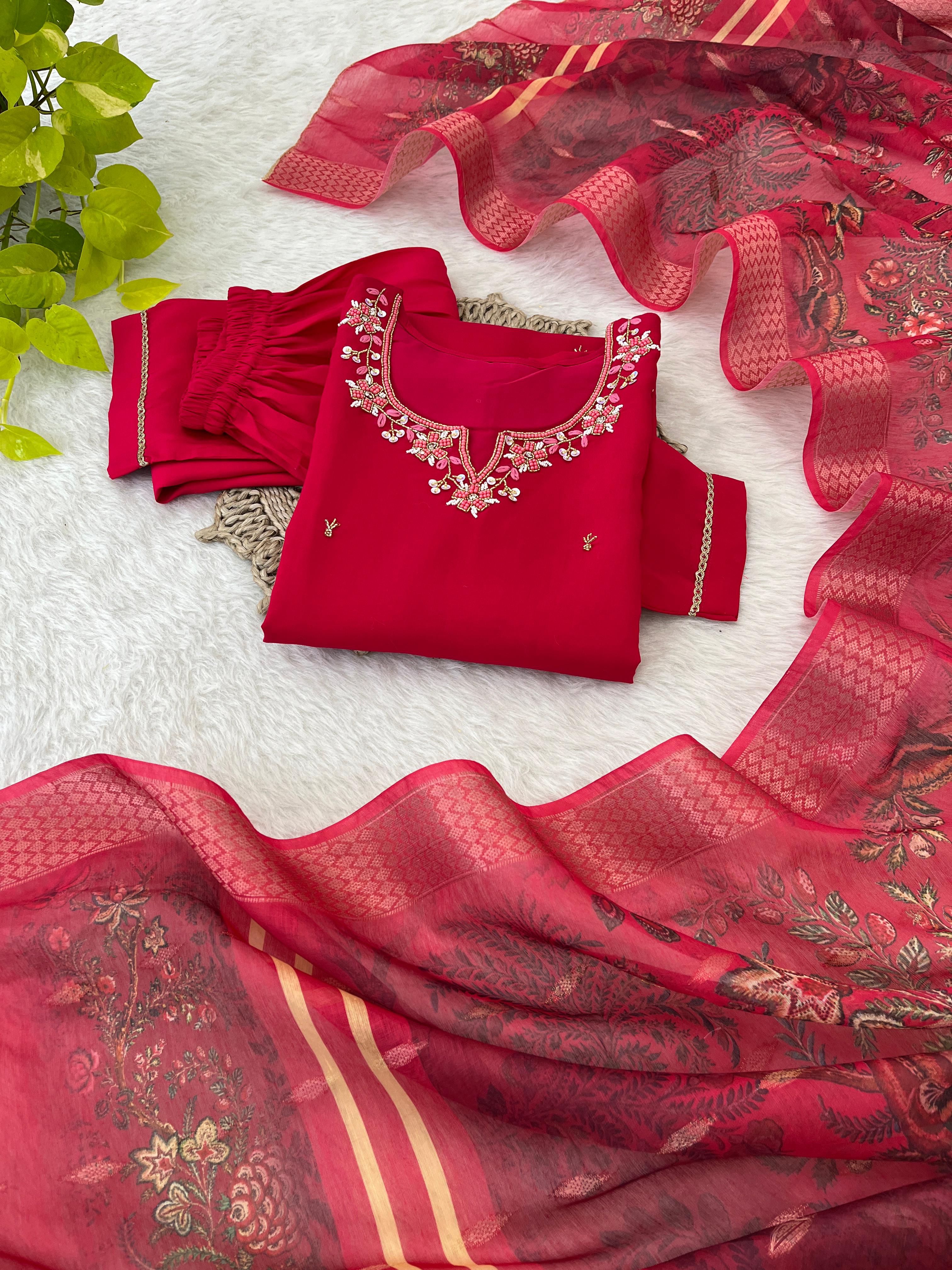 Appealing Red  Roman Silk Handworked Anarkali Pant Suit - Ethnicwish