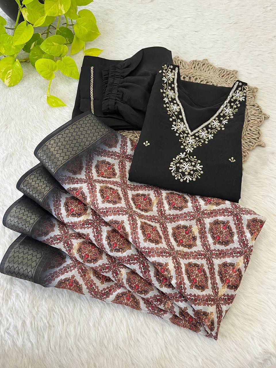 Breathtaking Black Roman Silk Handcrafted Anarkali Pant Suit - Ethnicwish