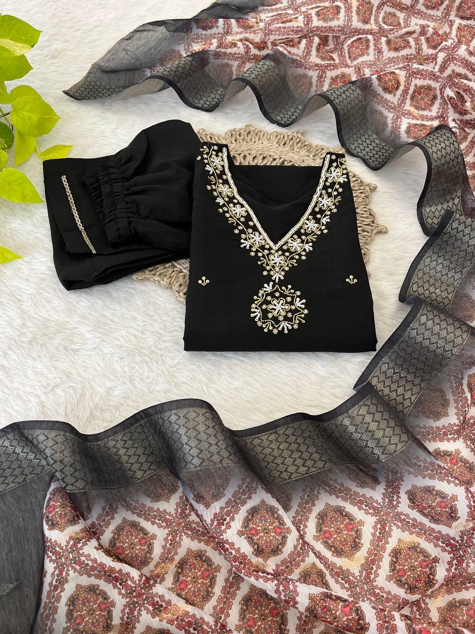 Breathtaking Black Roman Silk Handcrafted Anarkali Pant Suit - Ethnicwish