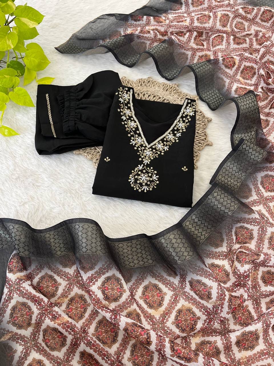 Breathtaking Black Roman Silk Handcrafted Anarkali Pant Suit - Ethnicwish