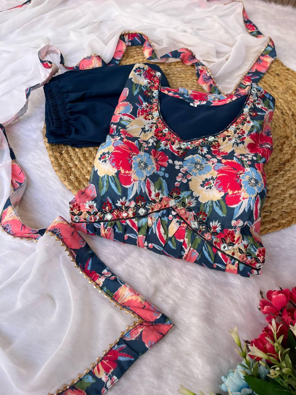 Breathtaking Blue Soft Cotton Printed Handworked Anarkali Pant Suit - Ethnicwish