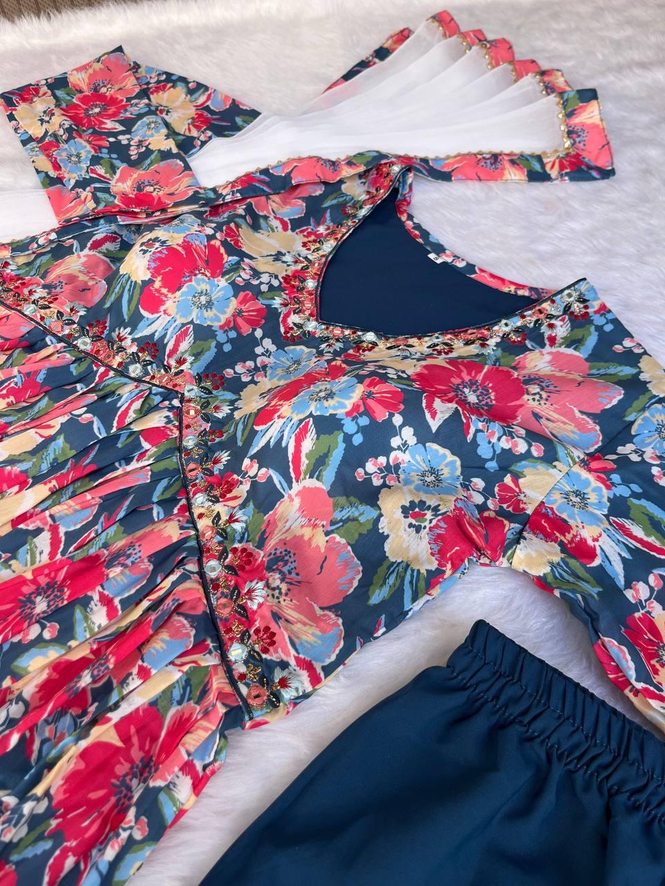 Breathtaking Blue Soft Cotton Printed Handworked Anarkali Pant Suit - Ethnicwish