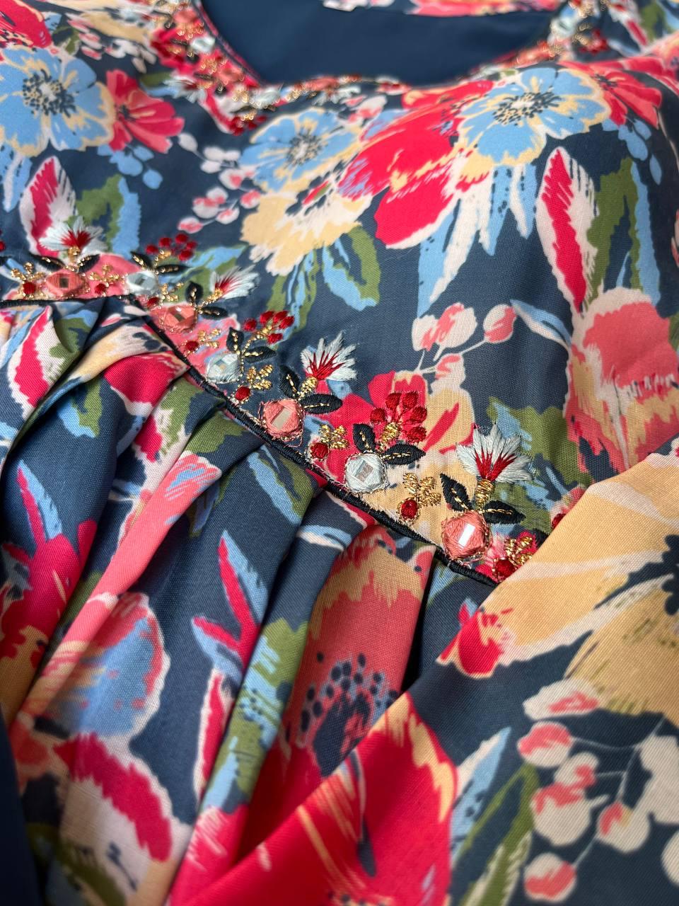 Breathtaking Blue Soft Cotton Printed Handworked Anarkali Pant Suit - Ethnicwish