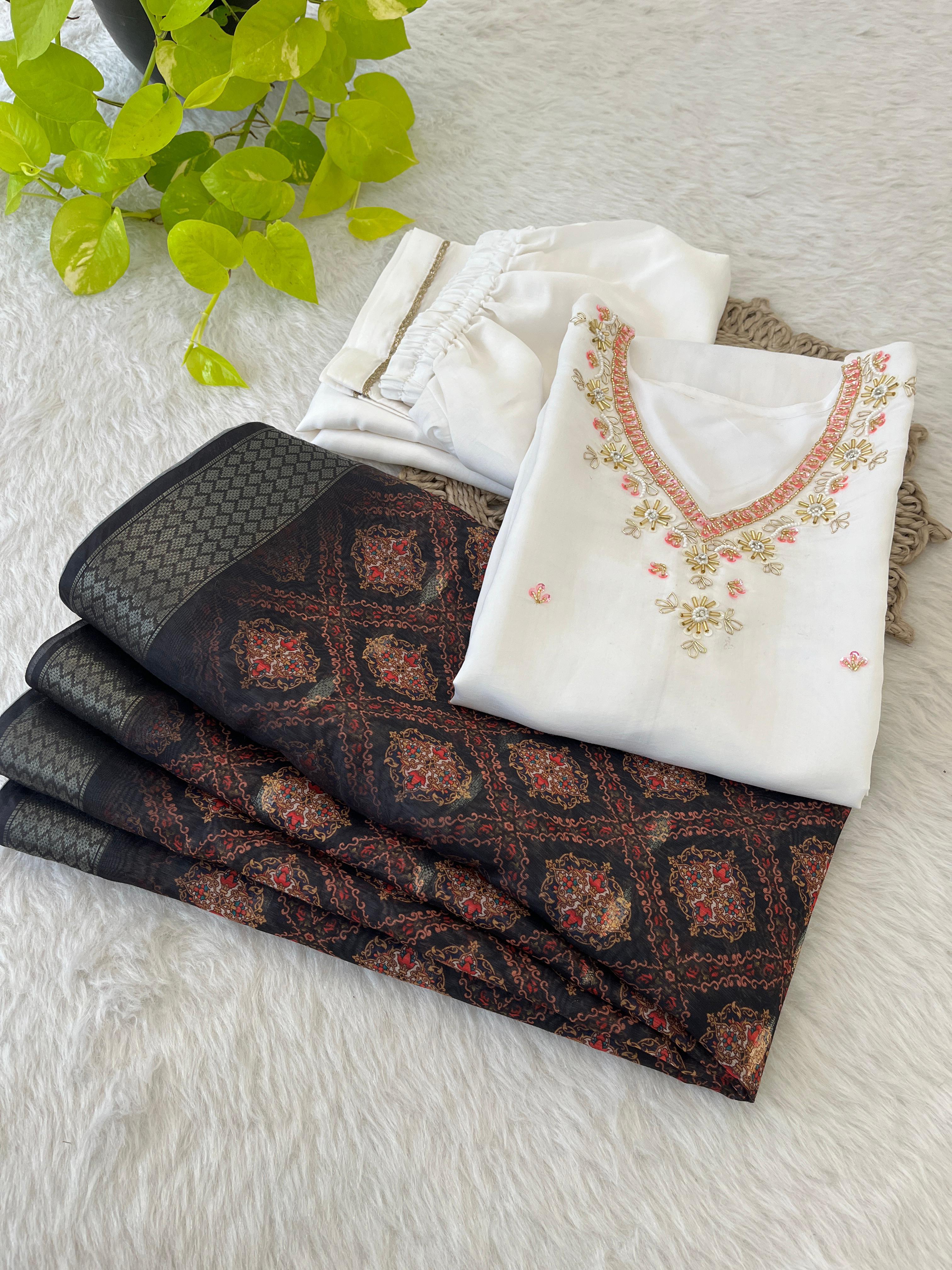 Chic White Roman Silk Handcrafted Anarkali Pant Suit - Ethnicwish