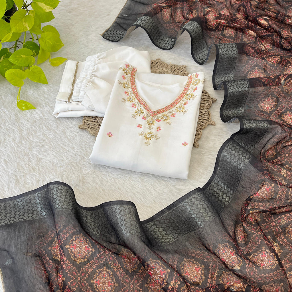 Chic White Roman Silk Handcrafted Anarkali Pant Suit - Ethnicwish