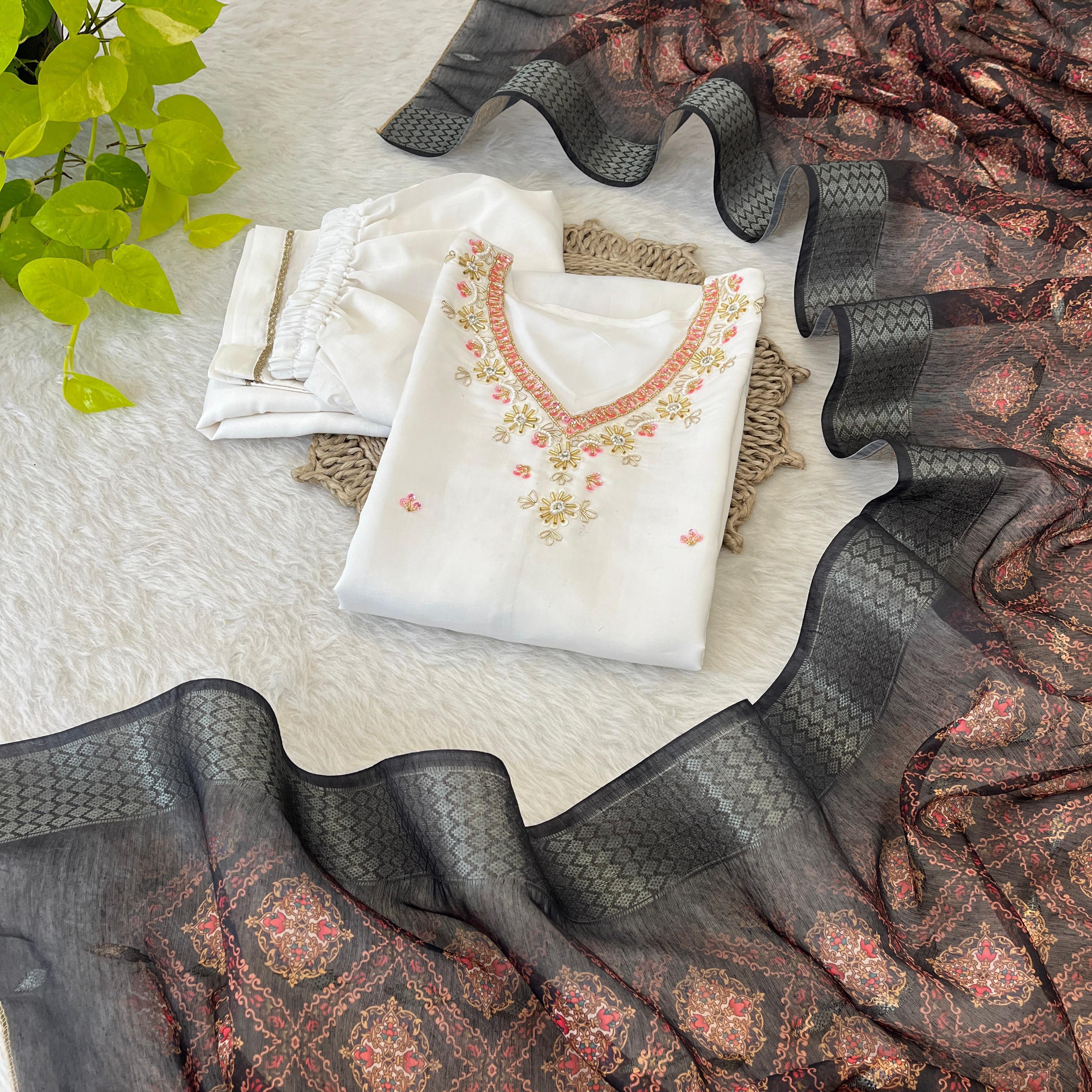 Chic White Roman Silk Handcrafted Anarkali Pant Suit - Ethnicwish