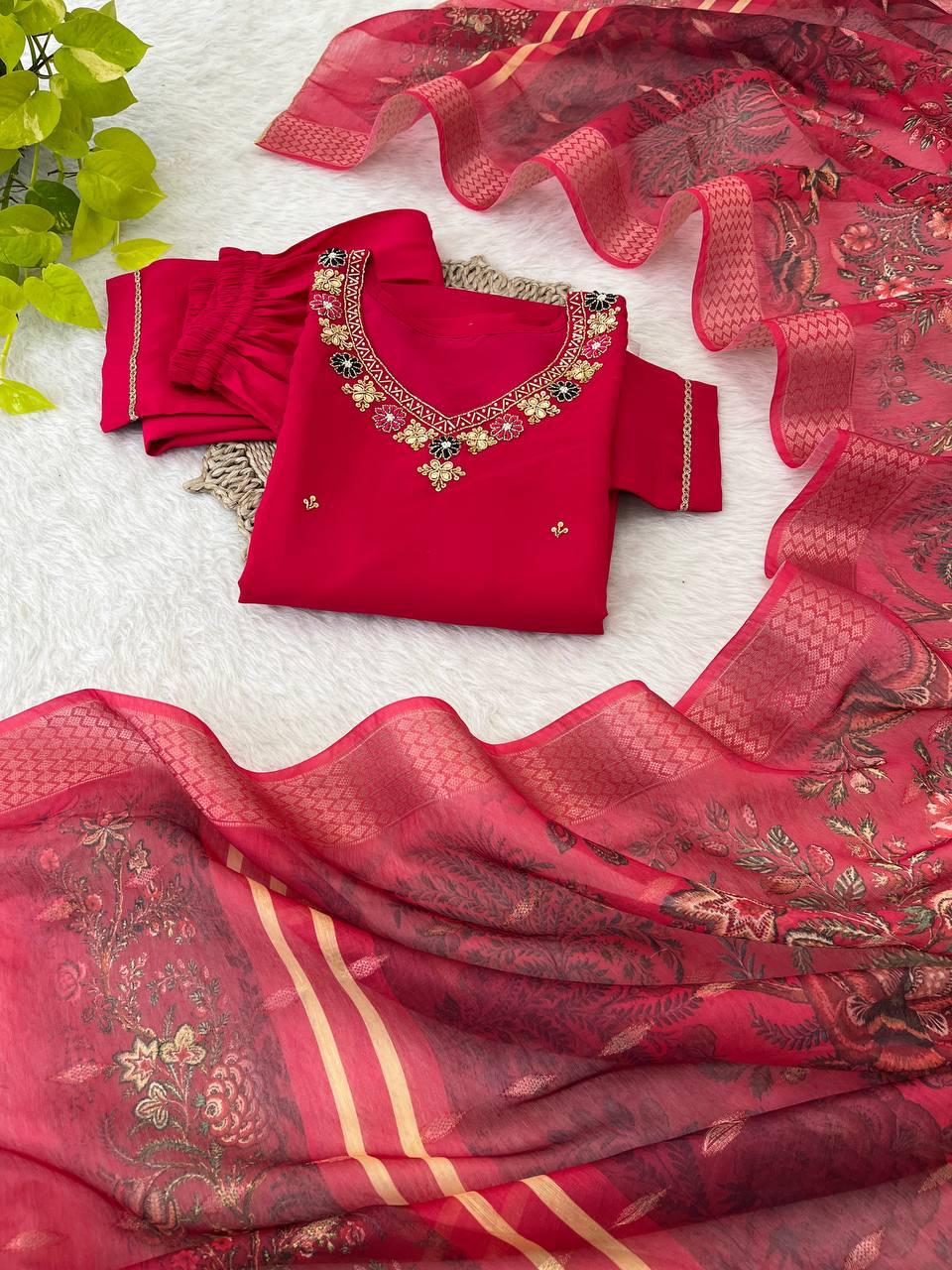 Dashing Red Roman Silk Handcrafted Anarkali Pant Suit - Ethnicwish