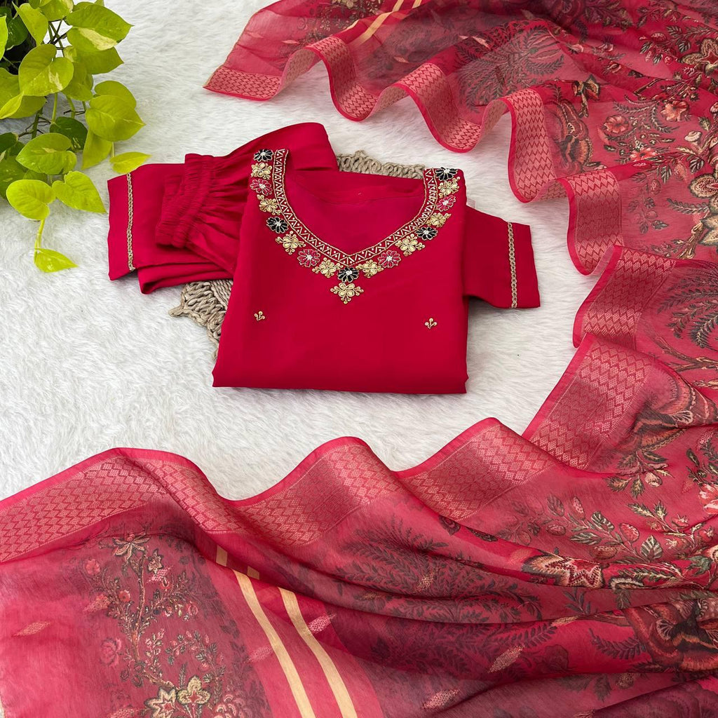 Dashing Red Roman Silk Handcrafted Anarkali Pant Suit - Ethnicwish