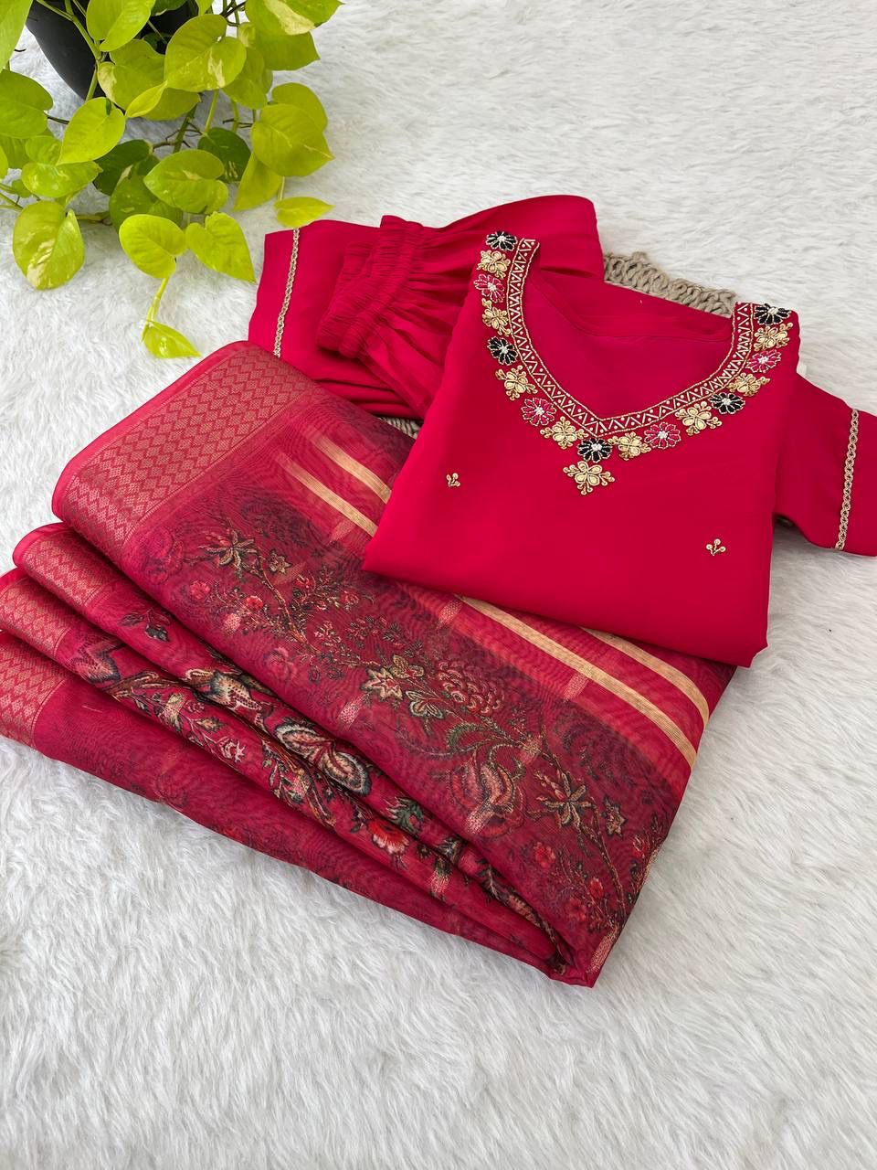 Dashing Red Roman Silk Handcrafted Anarkali Pant Suit - Ethnicwish