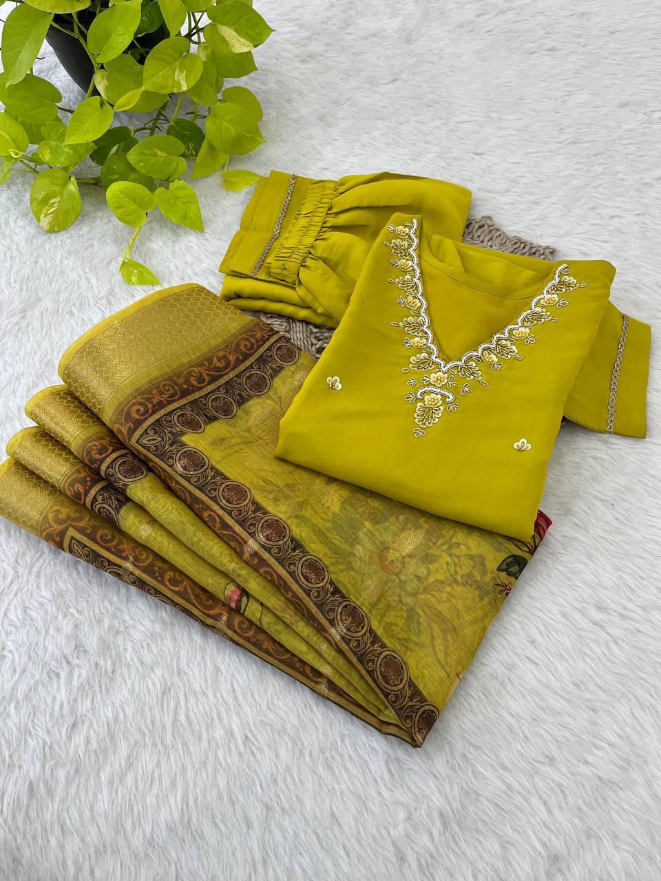 Divine Parrot Green Roman Silk Handcrafted Anarkali Pant Suit - Ethnicwish