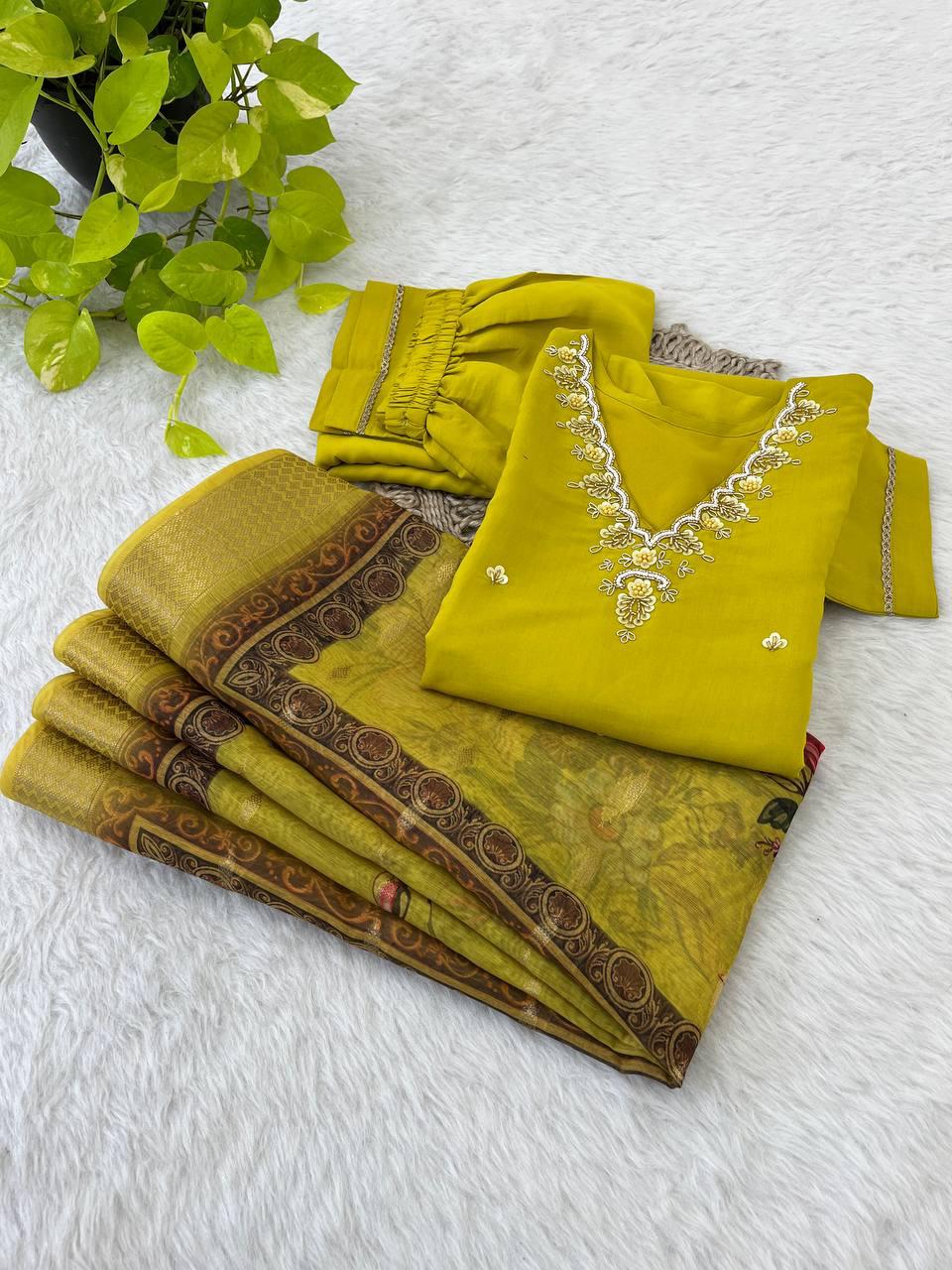 Divine Parrot Green Roman Silk Handcrafted Anarkali Pant Suit - Ethnicwish