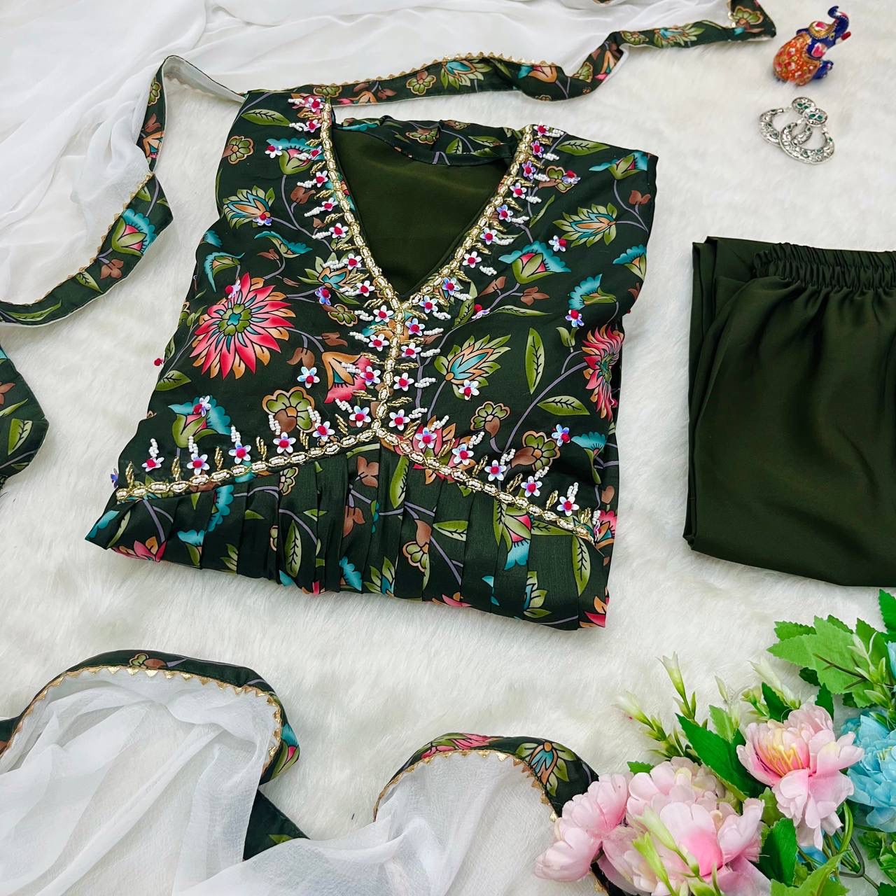 Elegant Green Soft Cotton Printed Handworked Festival Wear Suit - Ethnicwish