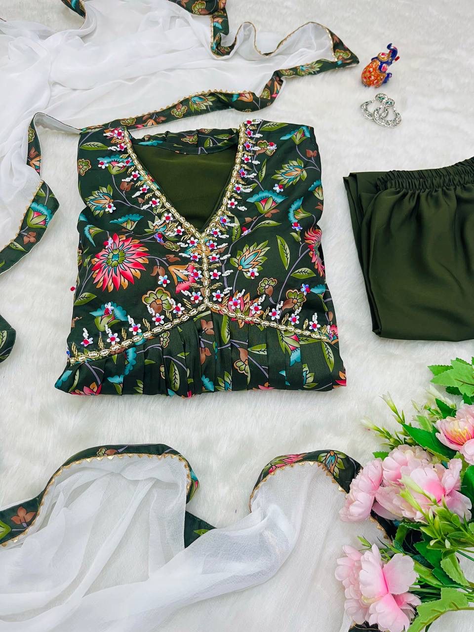 Elegant Green Soft Cotton Printed Handworked Festival Wear Suit - Ethnicwish