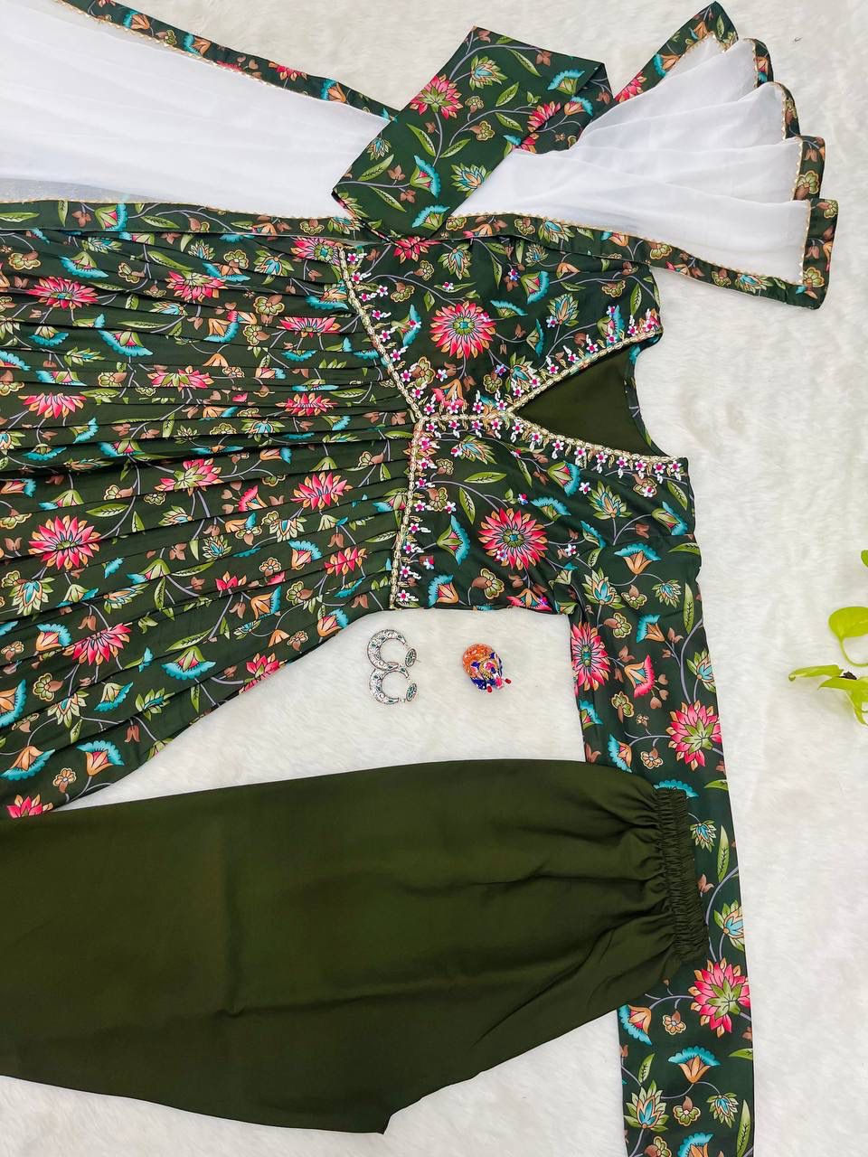 Elegant Green Soft Cotton Printed Handworked Festival Wear Suit - Ethnicwish