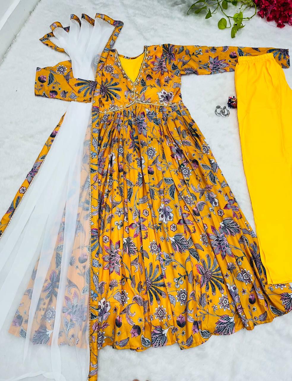 Radiant Yellow Soft Cotton Printed Handworked Anarkali Pant Suit - Ethnicwish