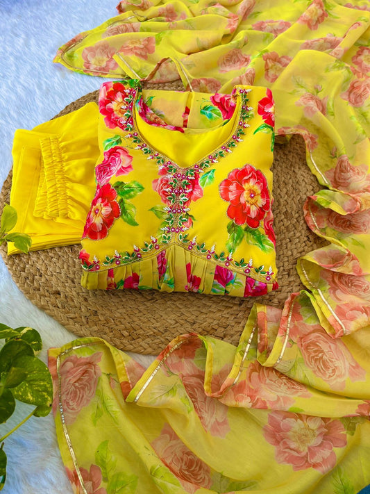 Spellbinding Yellow Faux Georgette Floral Handworked Anarkali Pant Suit - Ethnicwish