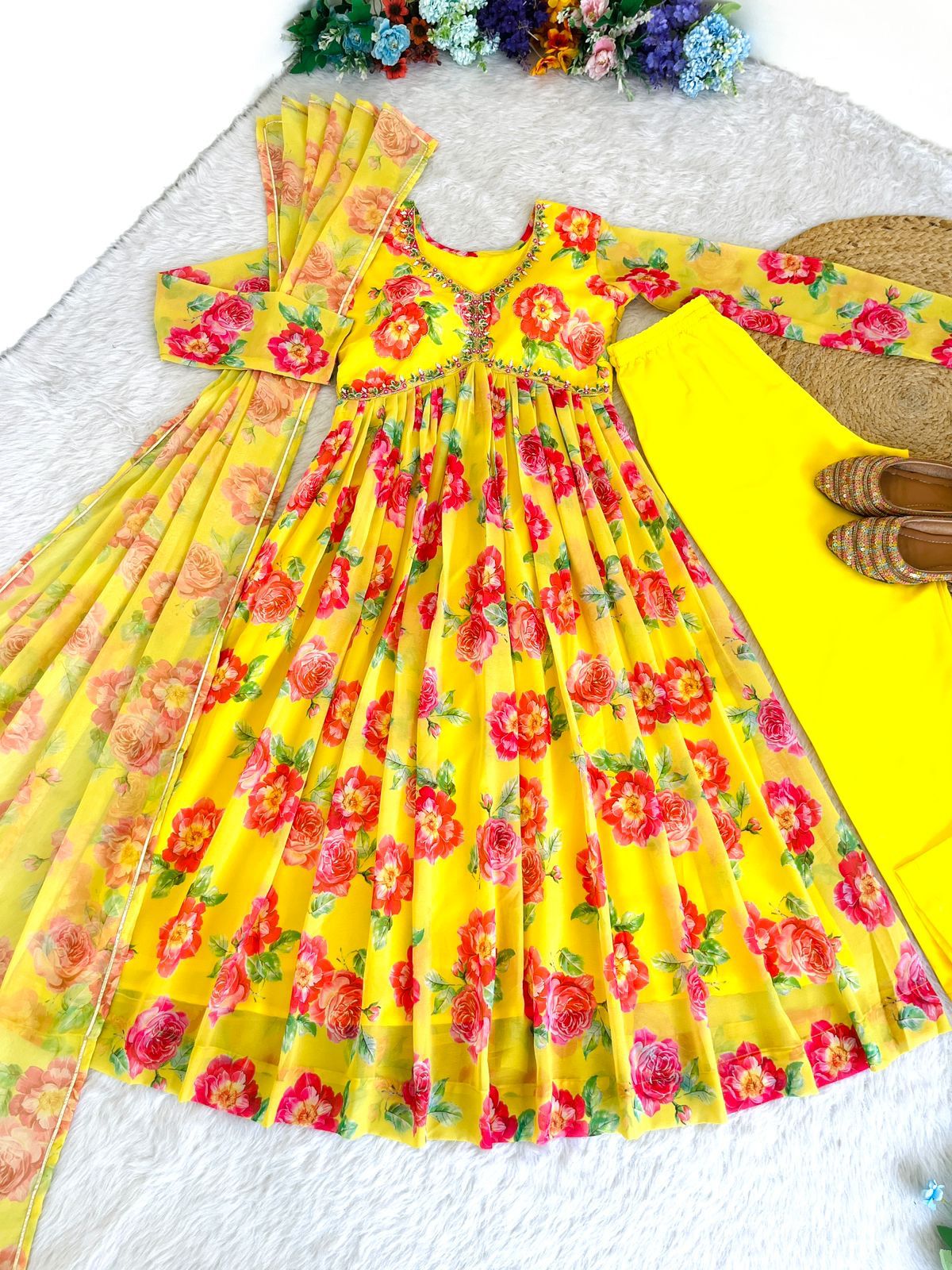 Spellbinding Yellow Faux Georgette Floral Handworked Anarkali Pant Suit - Ethnicwish