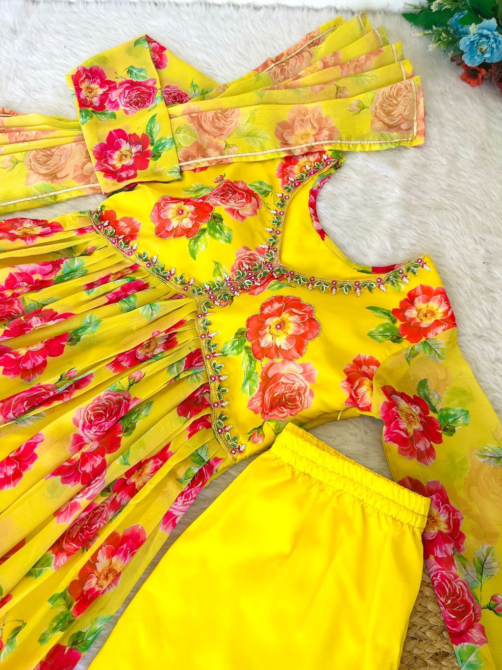 Spellbinding Yellow Faux Georgette Floral Handworked Anarkali Pant Suit - Ethnicwish
