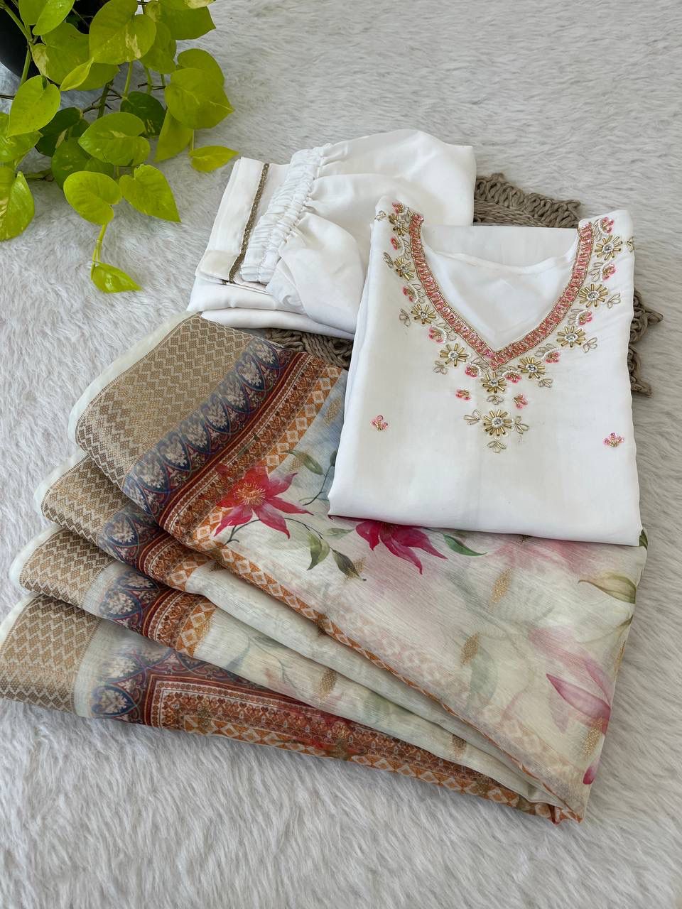 Splendid White Roman Silk Handcrafted Anarkali Pant Suit - Ethnicwish