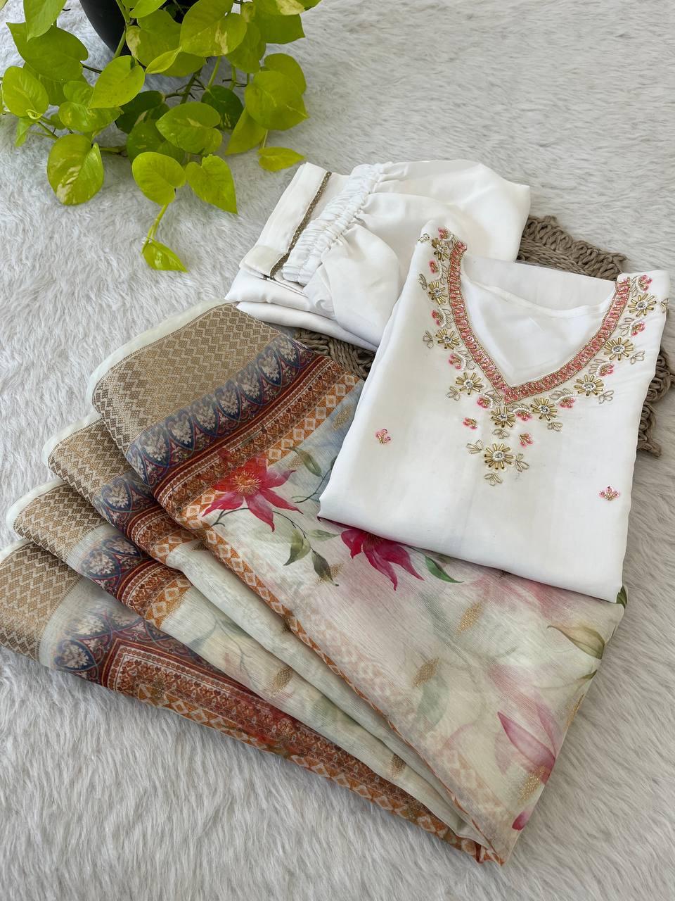 Splendid White Roman Silk Handcrafted Anarkali Pant Suit - Ethnicwish