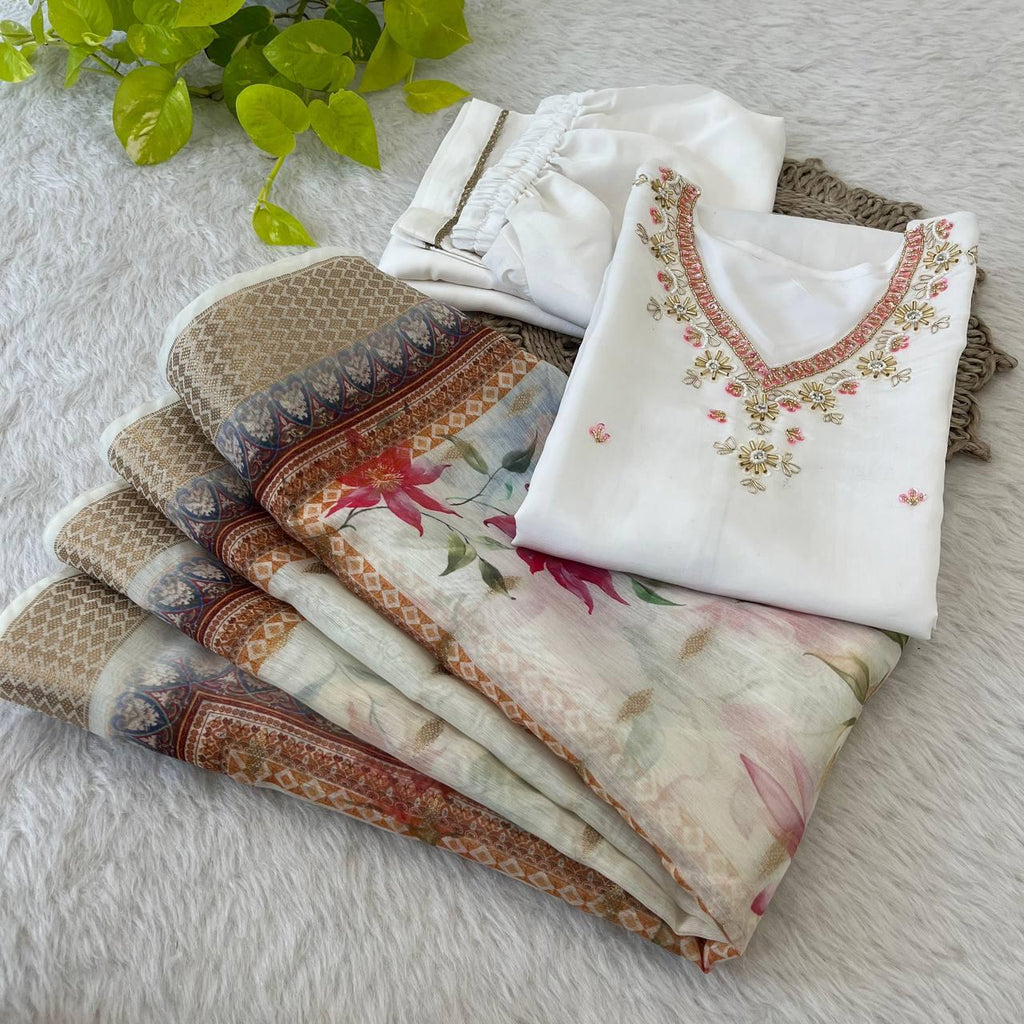 Splendid White Roman Silk Handcrafted Anarkali Pant Suit - Ethnicwish