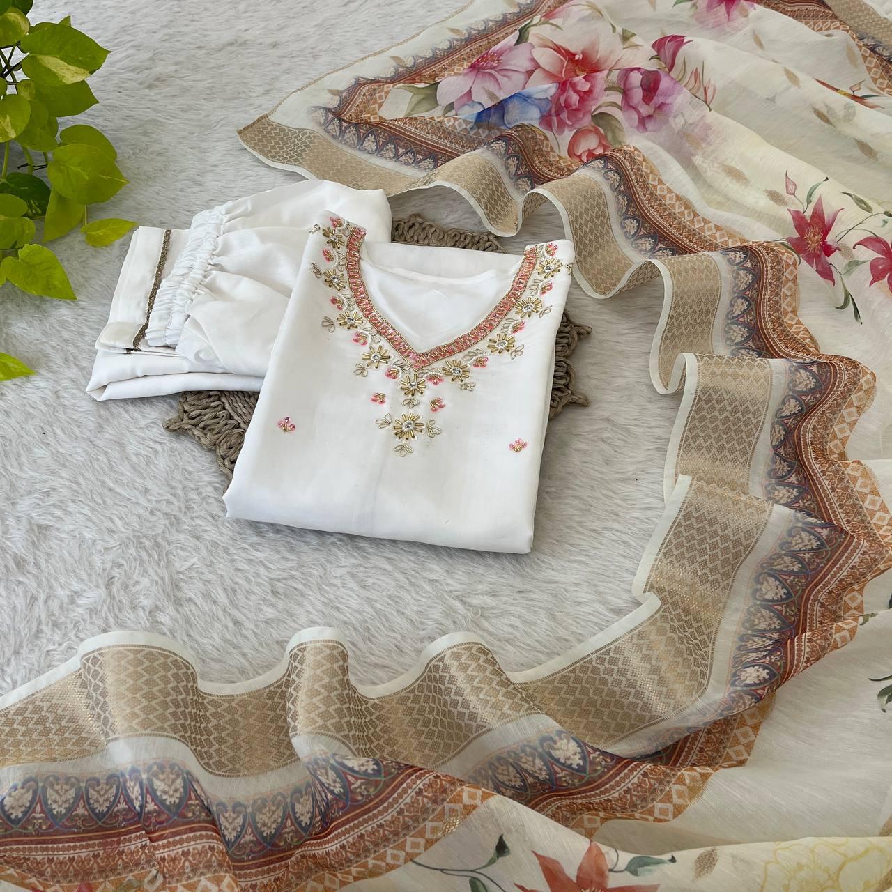 Splendid White Roman Silk Handcrafted Anarkali Pant Suit - Ethnicwish