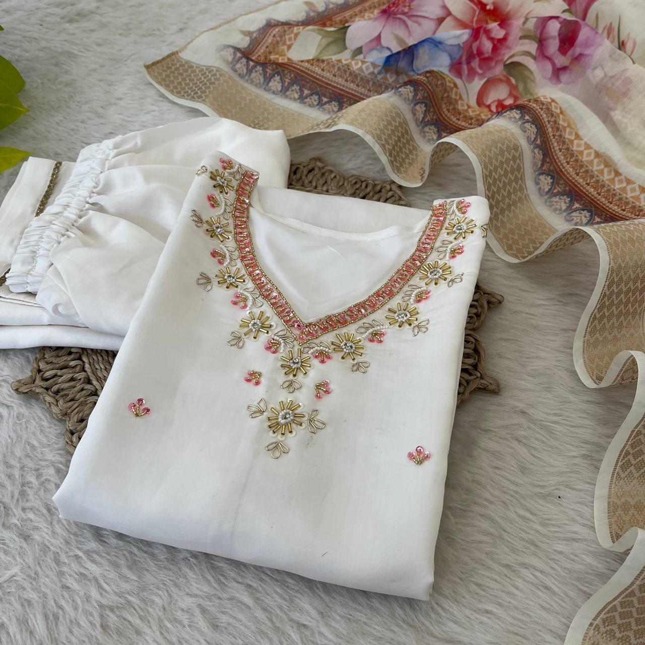 Splendid White Roman Silk Handcrafted Anarkali Pant Suit - Ethnicwish