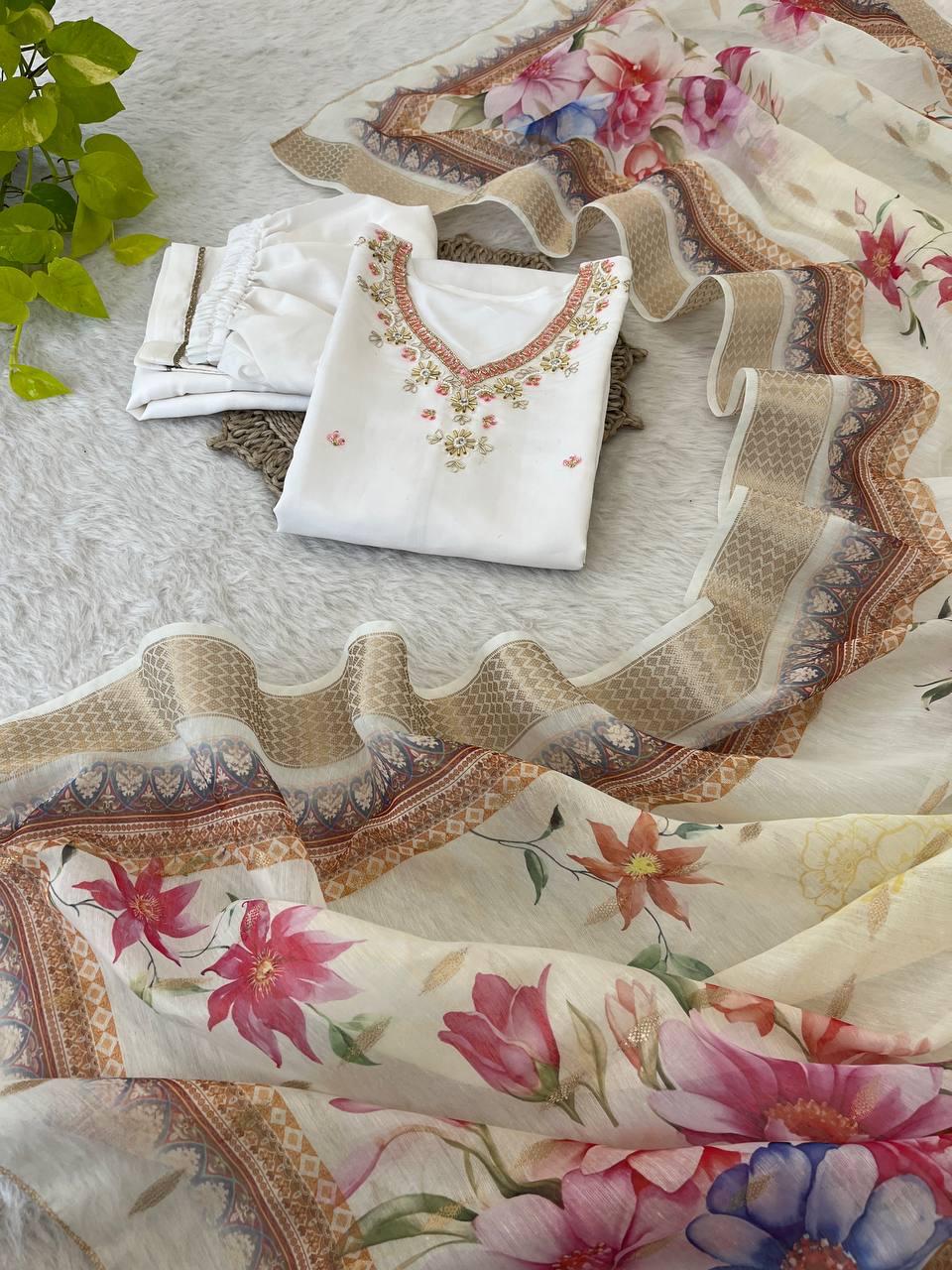 Splendid White Roman Silk Handcrafted Anarkali Pant Suit - Ethnicwish