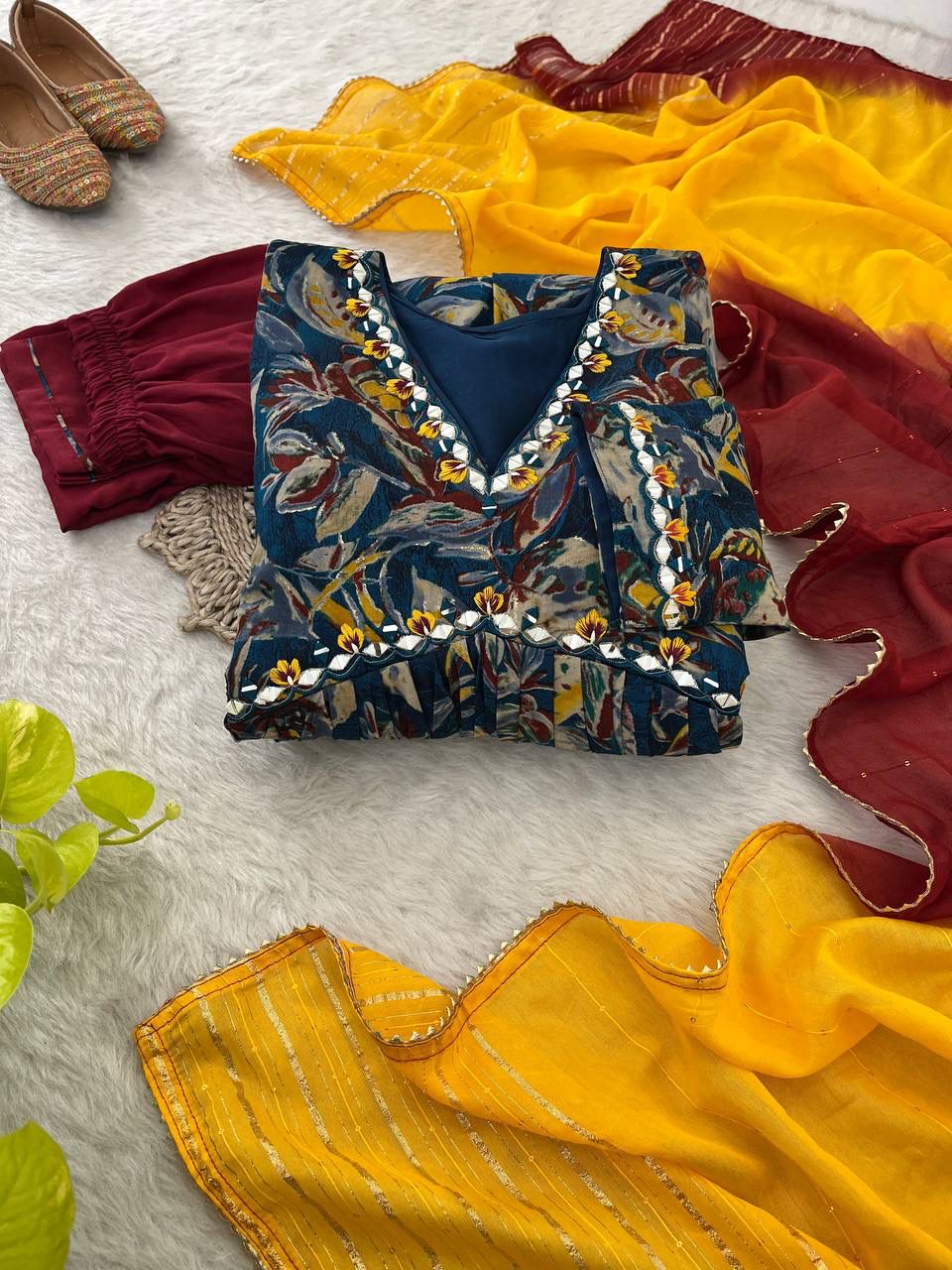 Stunning Pure Viscous Chanderi Handworked Anarkali Pant Suit - Ethnicwish