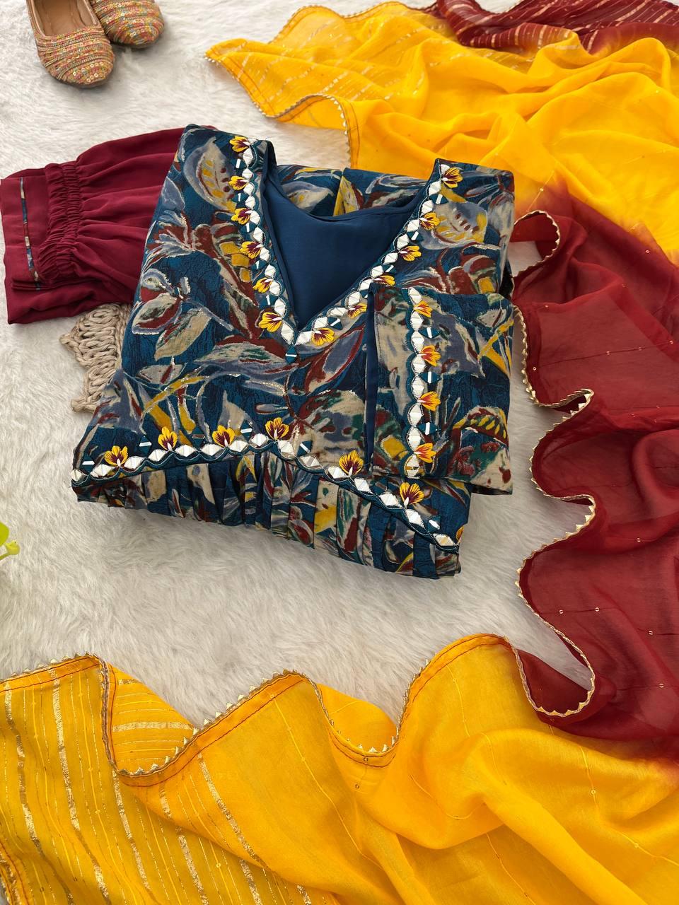 Stunning Pure Viscous Chanderi Handworked Anarkali Pant Suit - Ethnicwish