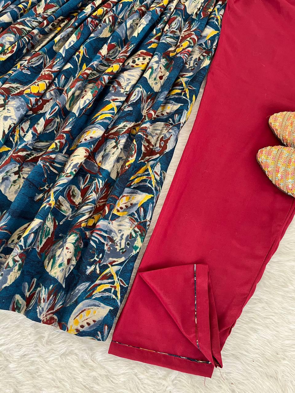 Stunning Pure Viscous Chanderi Handworked Anarkali Pant Suit - Ethnicwish