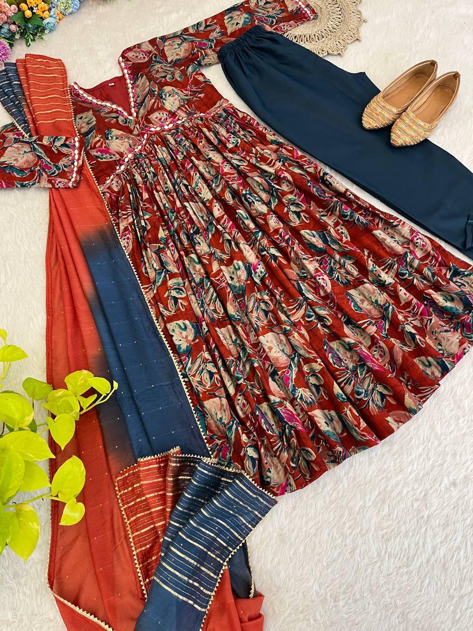 Stunning Pure Viscous Chanderi Handworked Anarkali Pant Suit - Ethnicwish