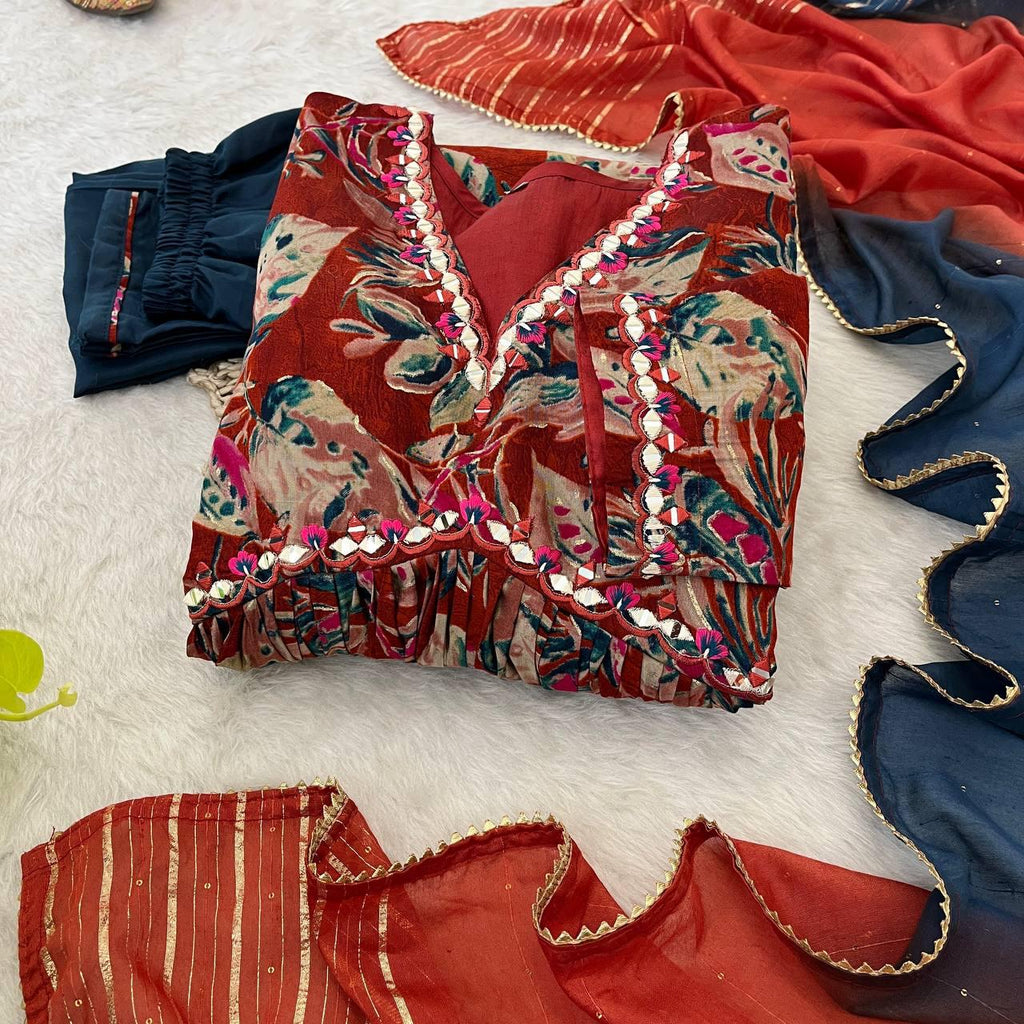 Stunning Pure Viscous Chanderi Handworked Anarkali Pant Suit - Ethnicwish