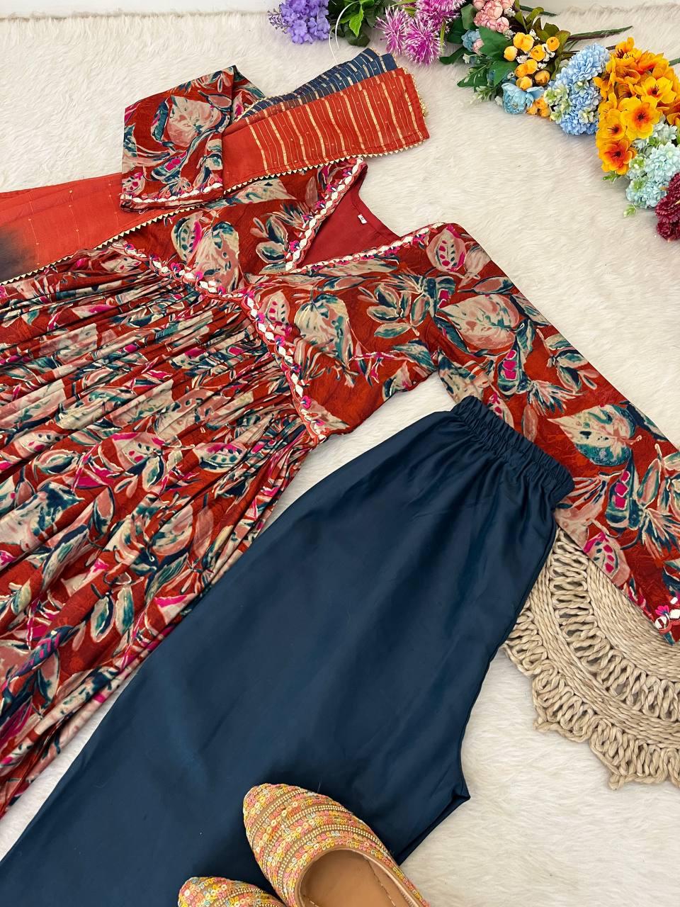 Stunning Pure Viscous Chanderi Handworked Anarkali Pant Suit - Ethnicwish