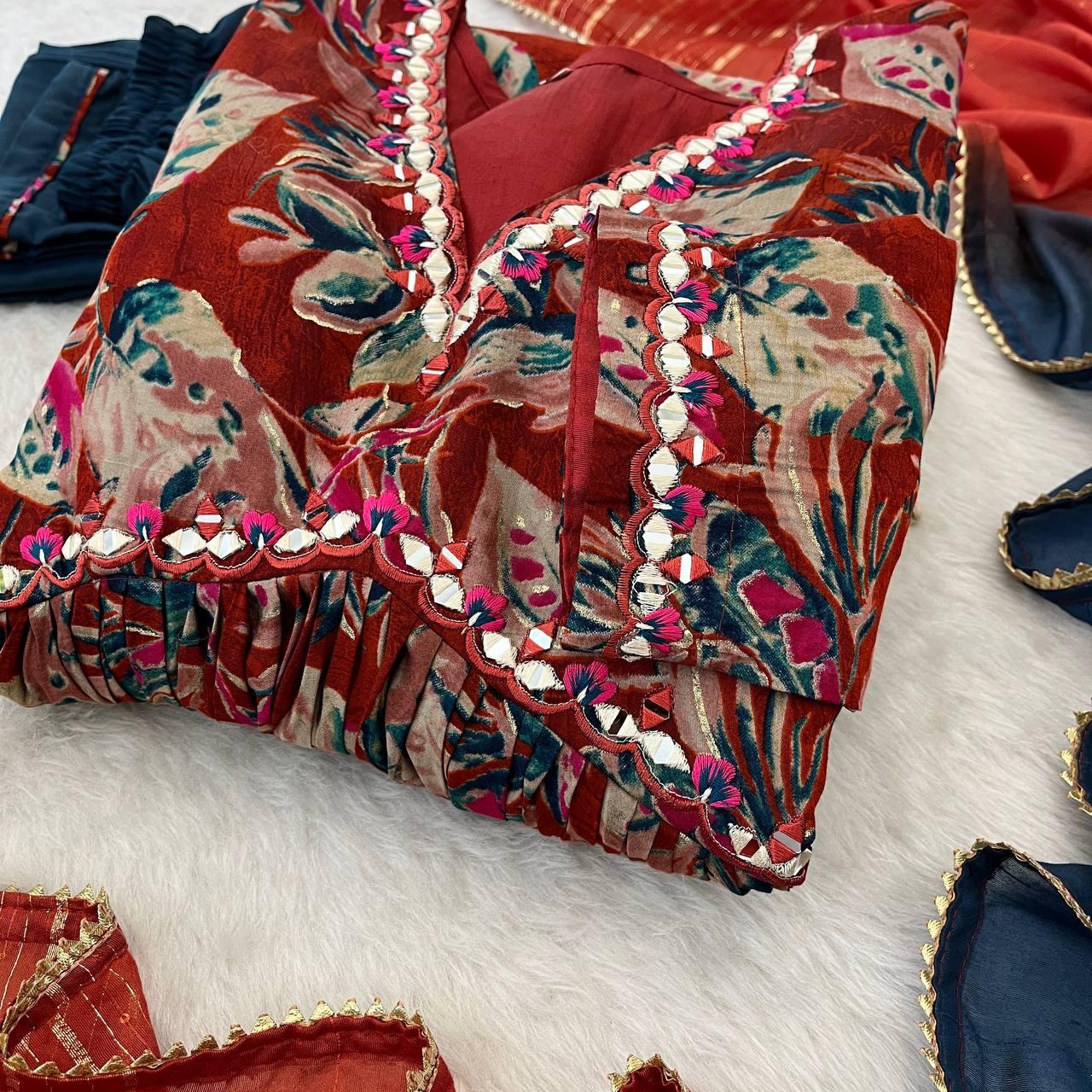 Stunning Pure Viscous Chanderi Handworked Anarkali Pant Suit - Ethnicwish