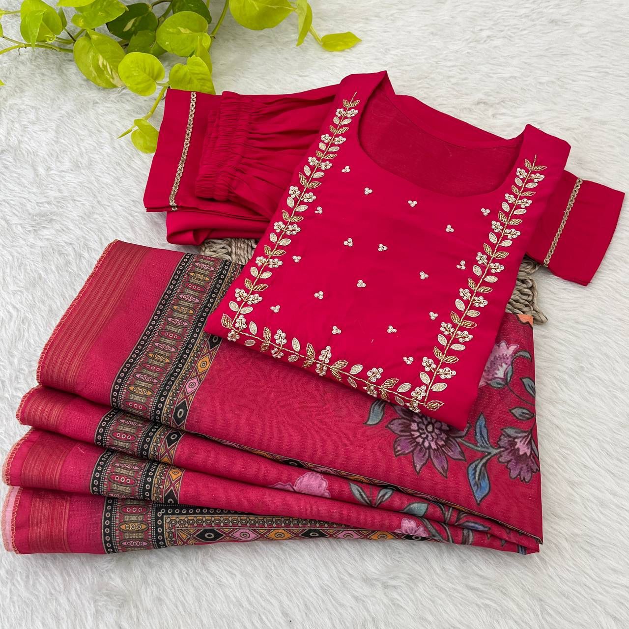 Graceful Roman Silk Handworked Anarkali Pant Suit With Dupatta - Ethnicwish