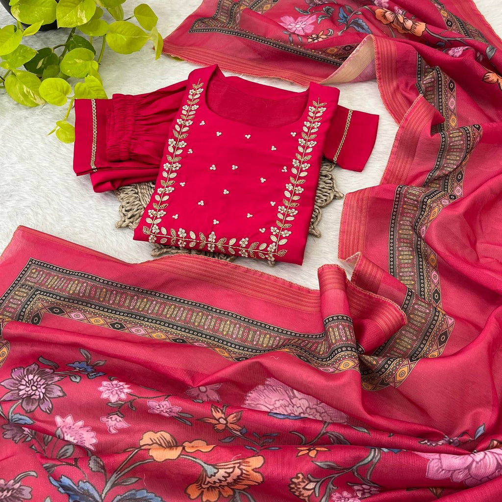 Graceful Roman Silk Handworked Anarkali Pant Suit With Dupatta - Ethnicwish