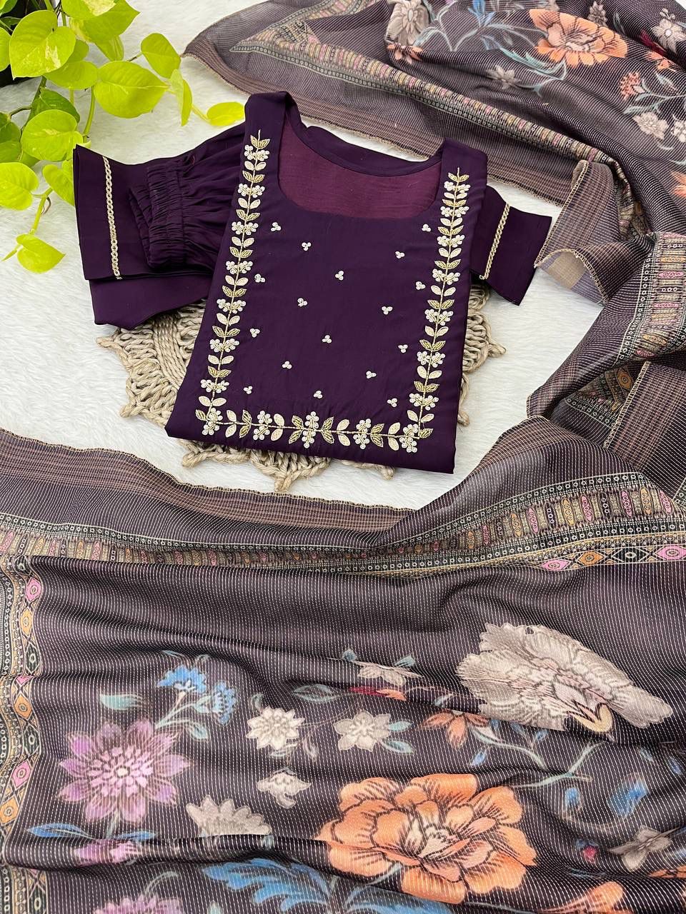 Graceful Roman Silk Handworked Anarkali Pant Suit With Dupatta - Ethnicwish