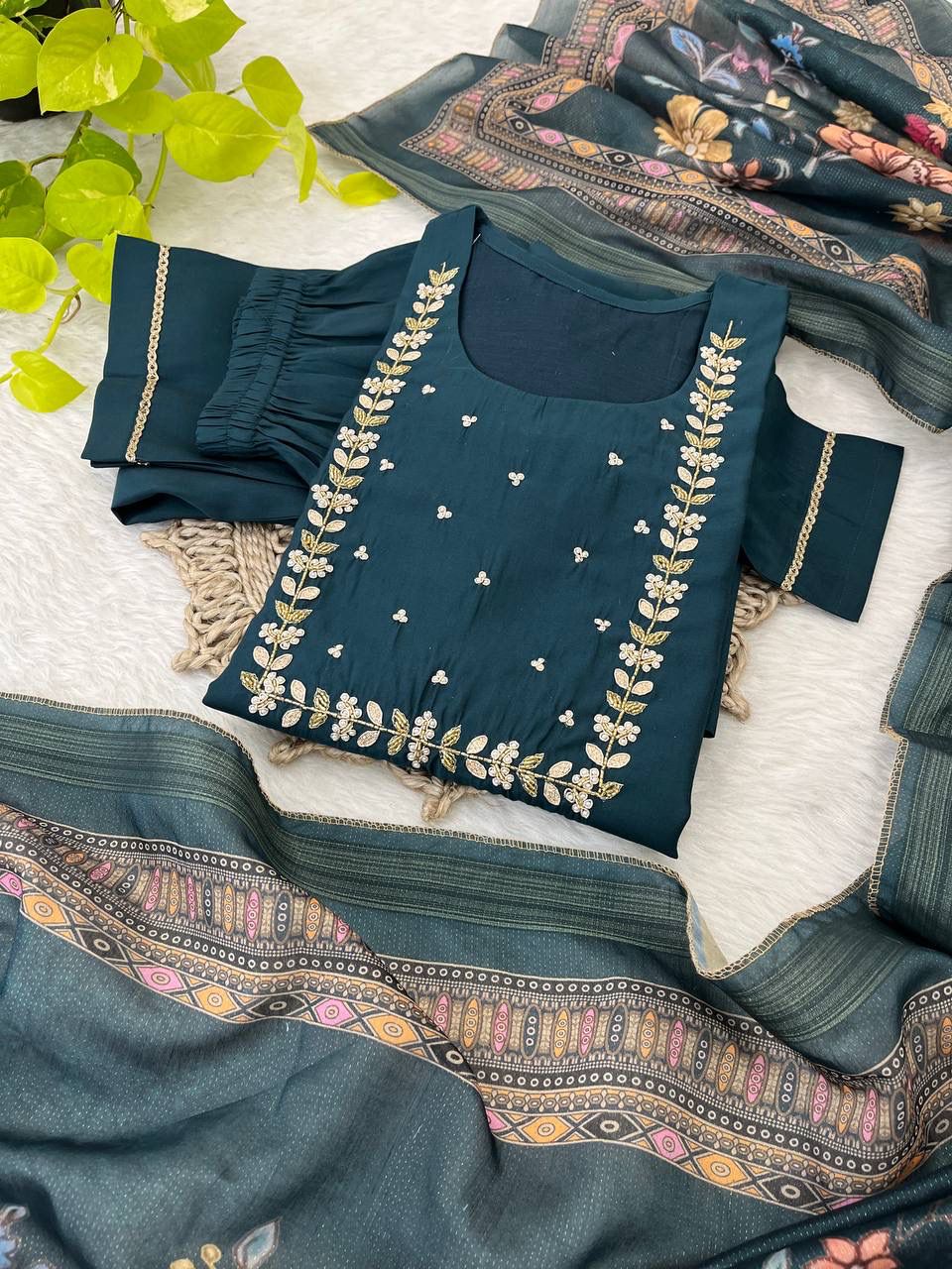 Graceful Roman Silk Handworked Anarkali Pant Suit With Dupatta - Ethnicwish