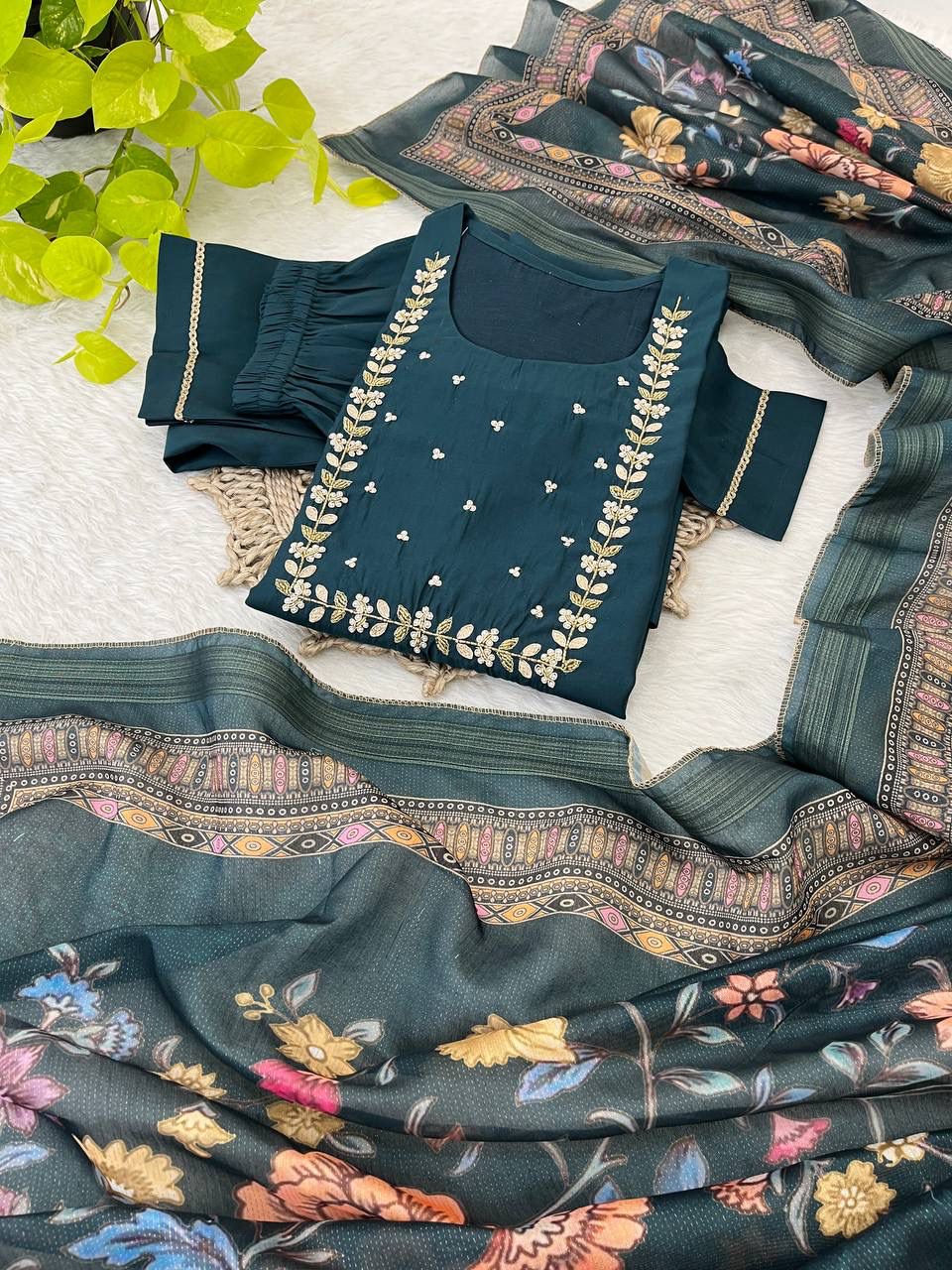 Graceful Roman Silk Handworked Anarkali Pant Suit With Dupatta - Ethnicwish