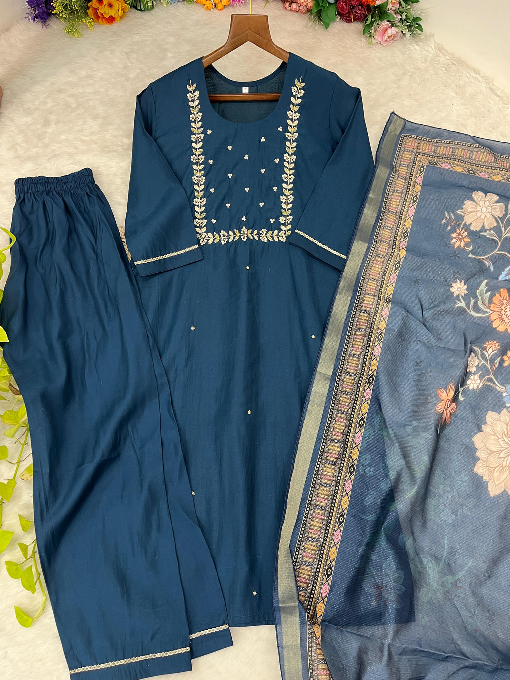 Graceful Roman Silk Handworked Anarkali Pant Suit With Dupatta - Ethnicwish