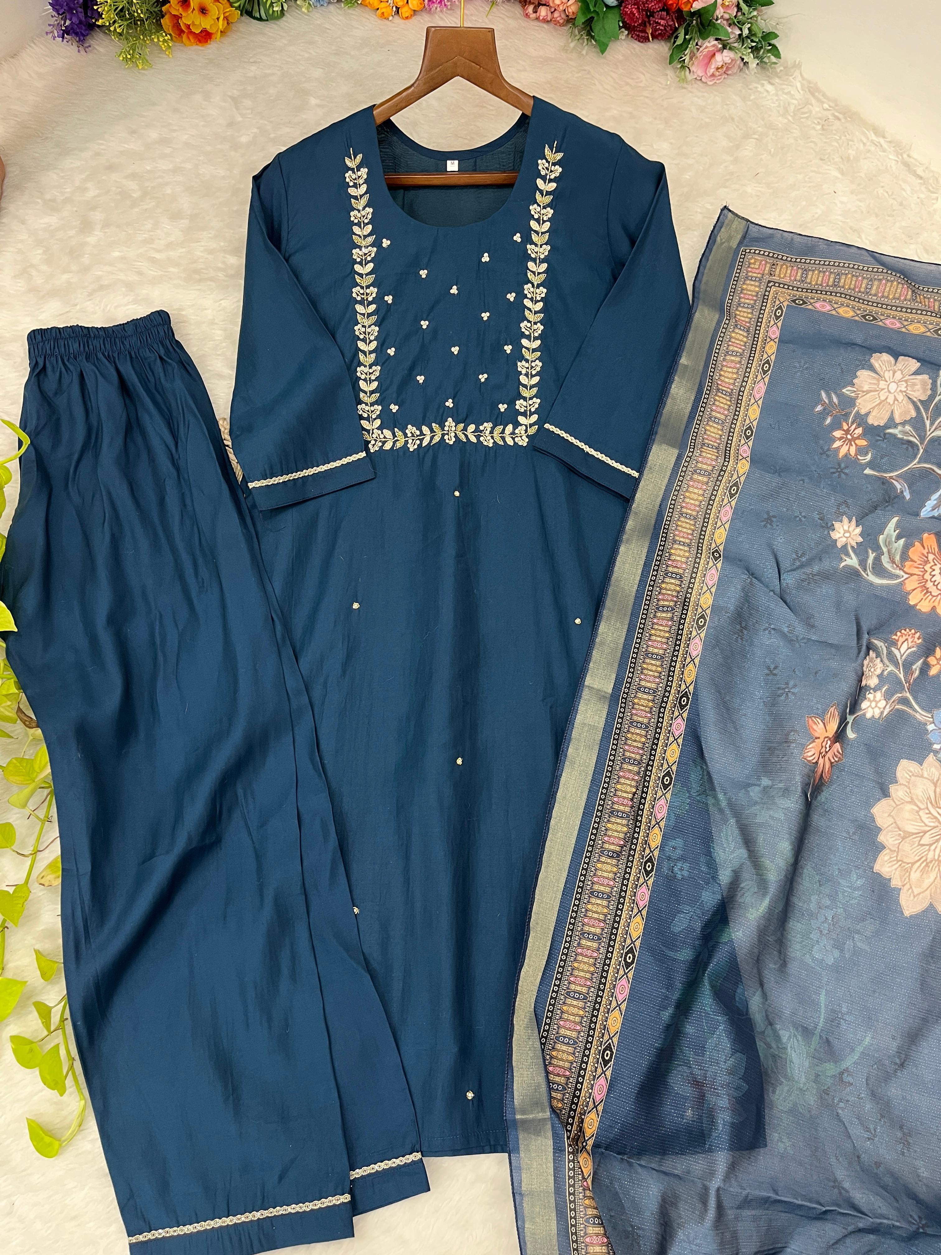 Graceful Roman Silk Handworked Anarkali Pant Suit With Dupatta - Ethnicwish