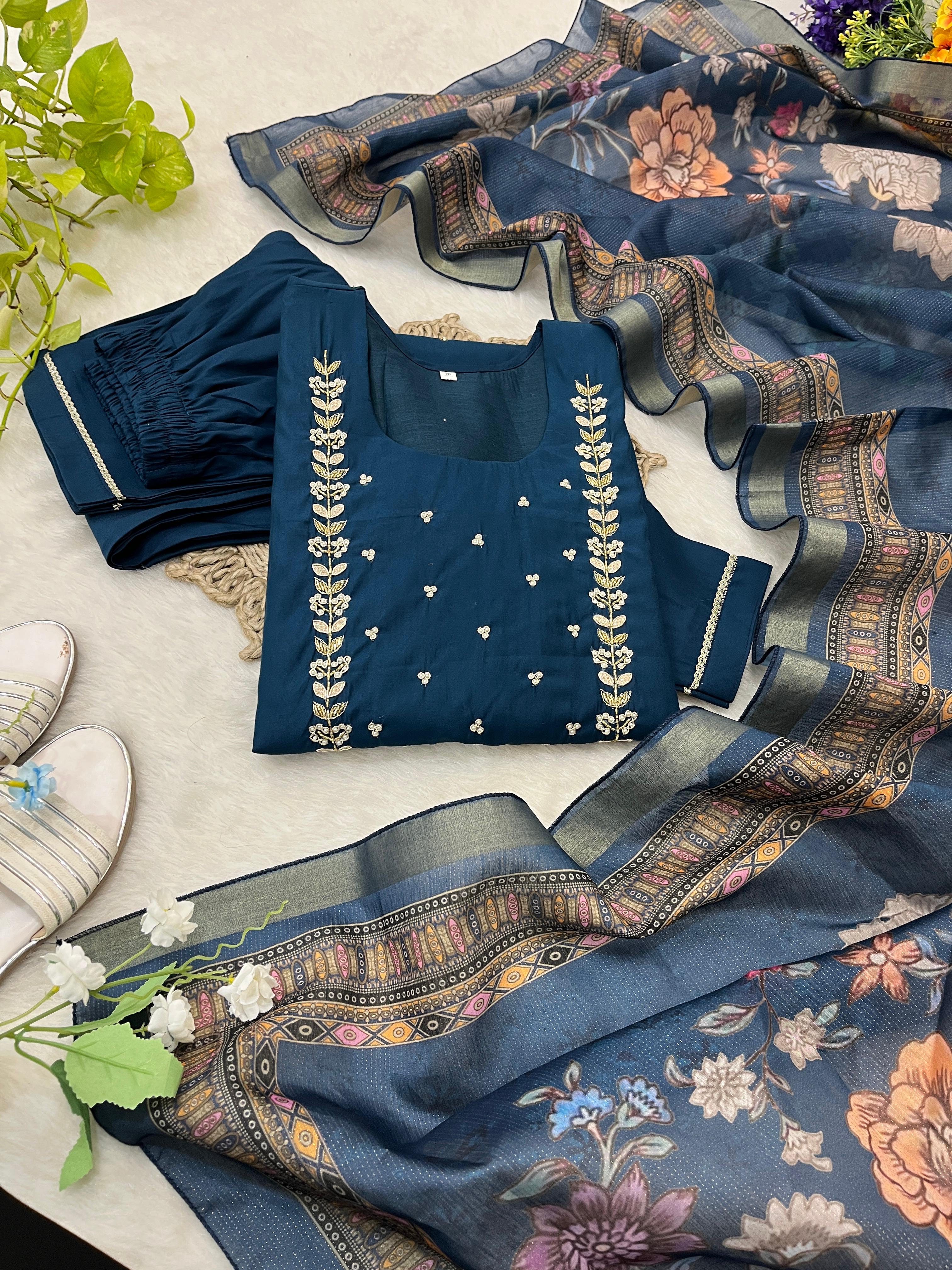 Graceful Roman Silk Handworked Anarkali Pant Suit With Dupatta - Ethnicwish