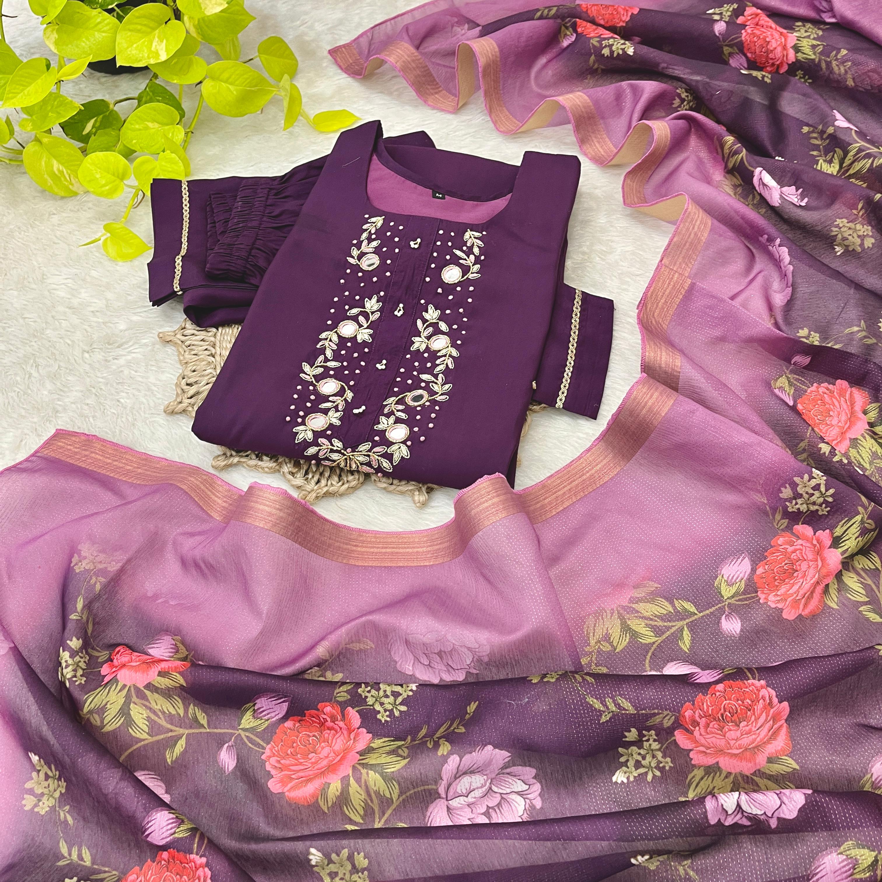 Luminous Festival Wear Roman Silk Handworked Designer Suit - Ethnicwish