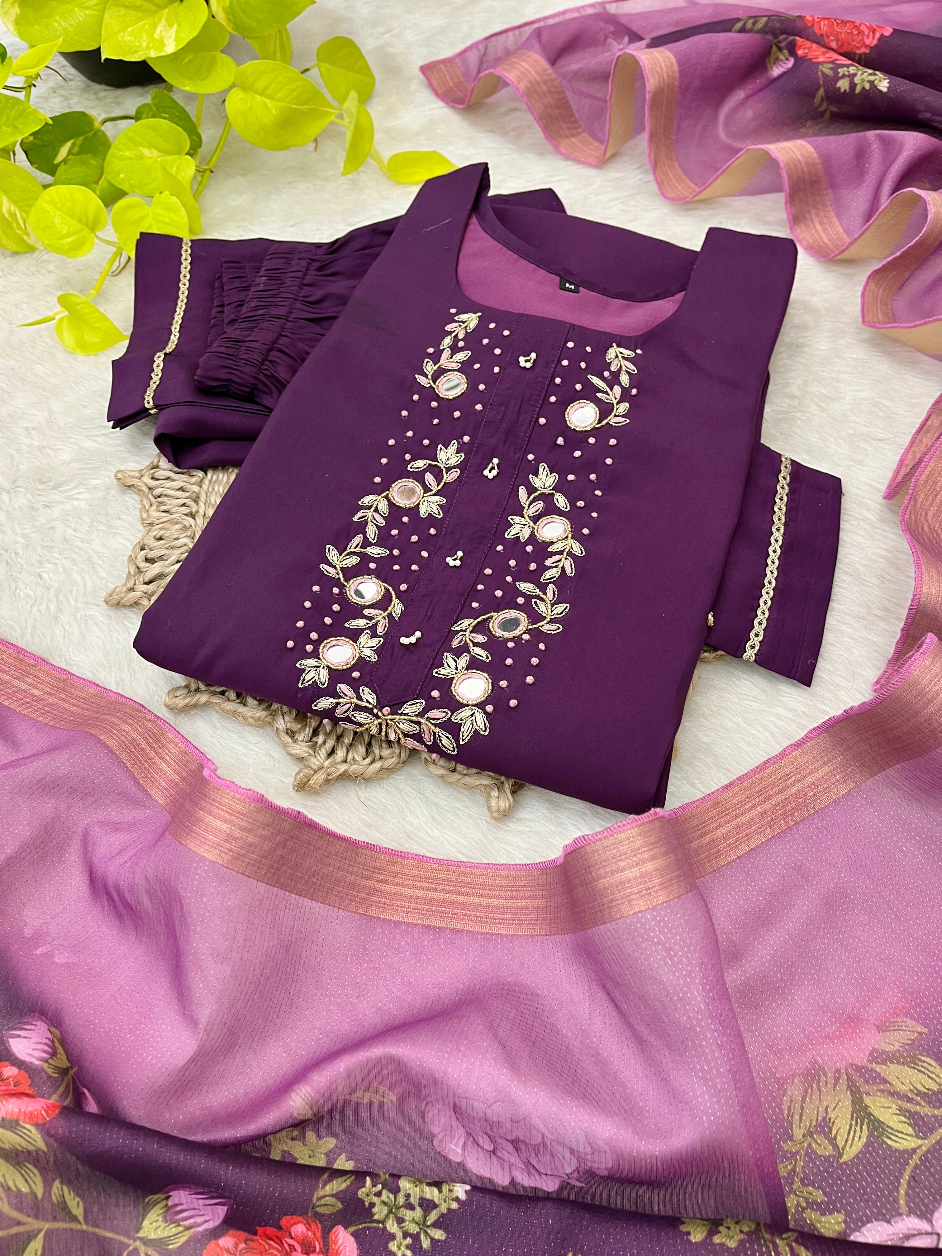 Luminous Festival Wear Roman Silk Handworked Designer Suit - Ethnicwish