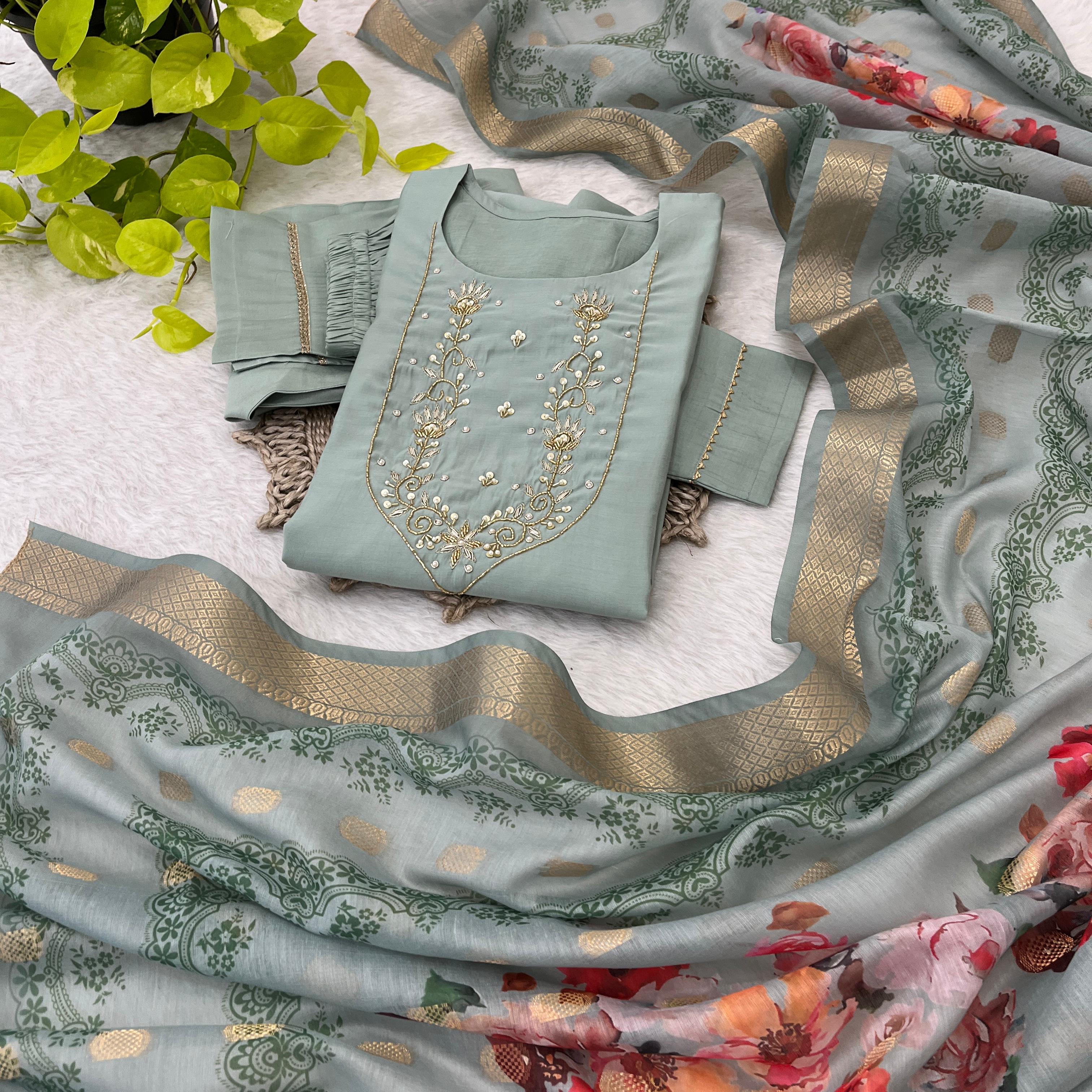 Spectacular Roman Silk Handcrafted Festive Wear Anarkali Pant Suit - Ethnicwish