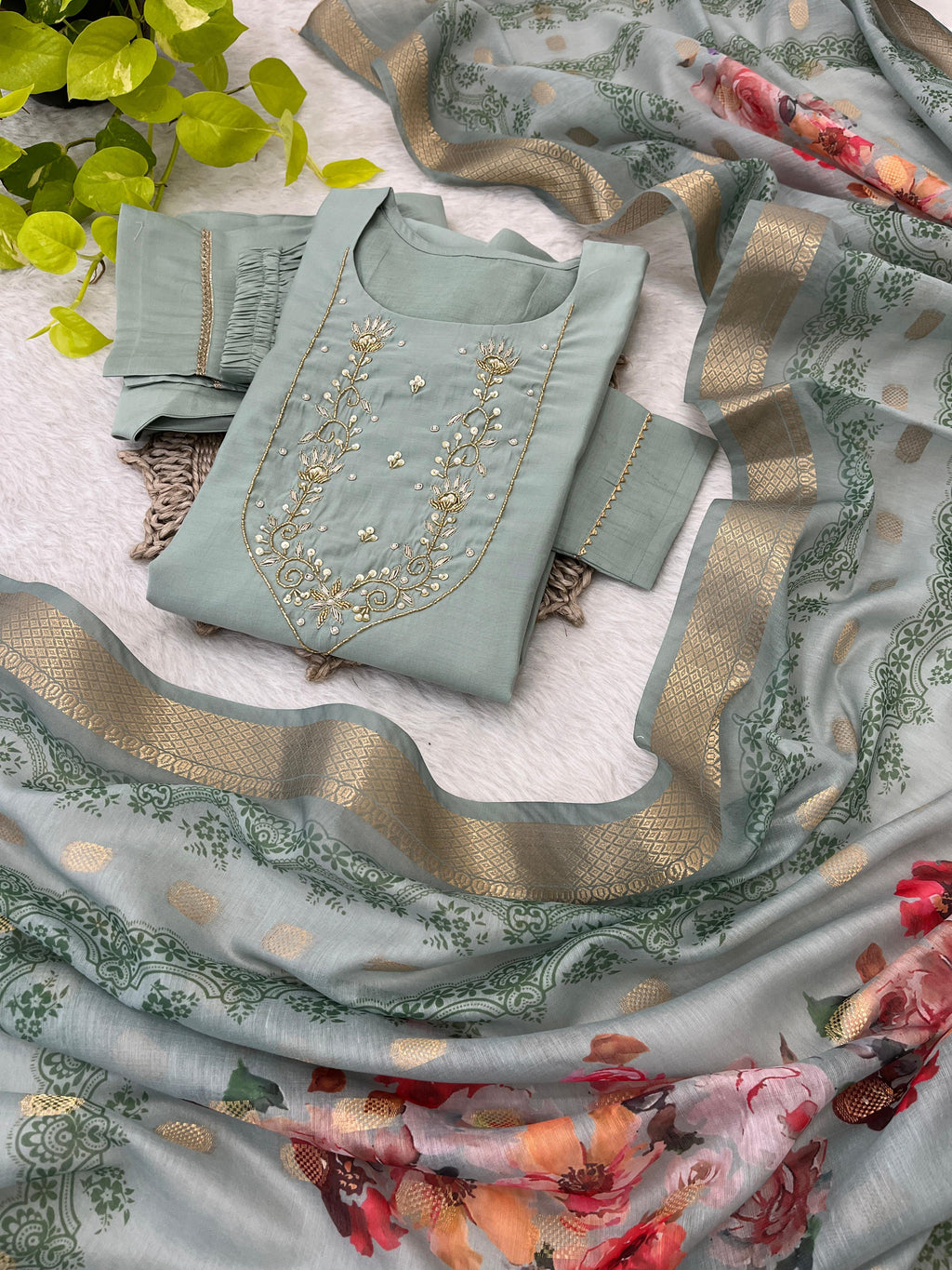 Spectacular Roman Silk Handcrafted Festive Wear Anarkali Pant Suit - Ethnicwish